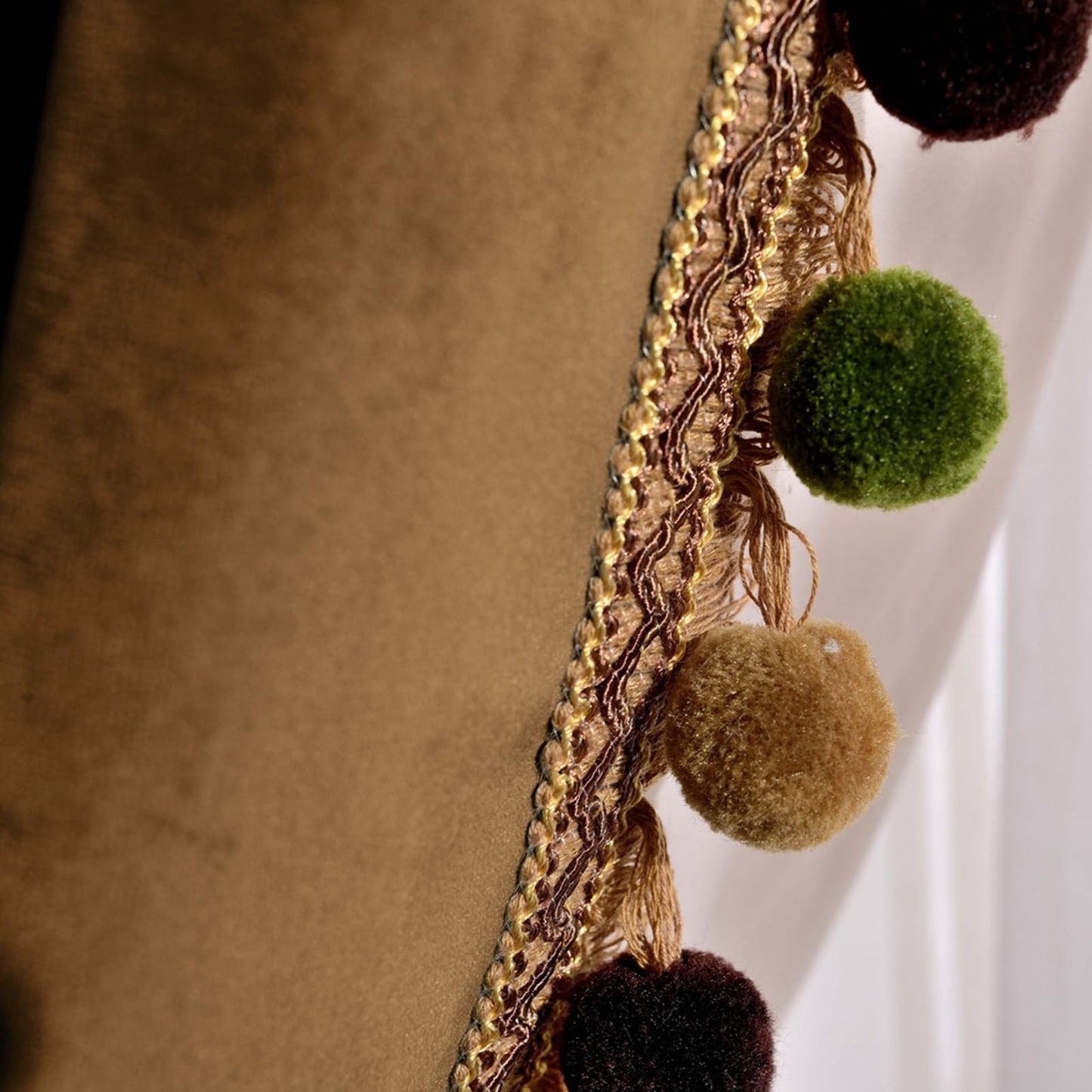 Melodieux Pom Poms Velvet Blackout Curtains for Bedroom Living Room, Vintage Luxury Thermal Insulated Rod Pocket Lined Drapes, 52" W x 84" L, Golden Brown (2 Panels)
