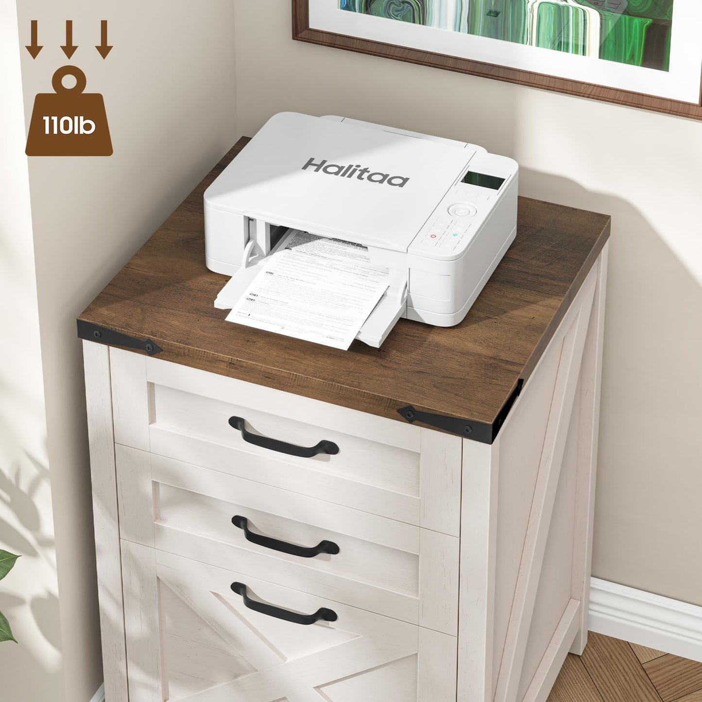 Halitaa 3 Drawer Small File Cabinet, Farmhouse Vertical Filing Cabinet Fits Letter and A4 Size, Under Desk Wooden File Cabinets for Home Office, Printer Stand, Rustic White