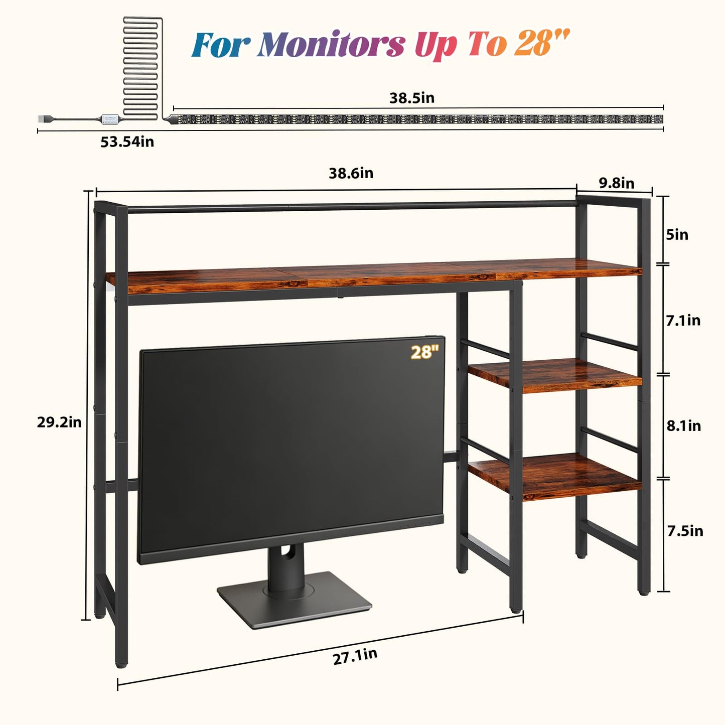 HavenlyYouth Desk Shelf with LED Light Strip, 3-Tier Storage Desktop Organizer Shelf, 38.6" Wood Desktop Bookshelf for Computer Monitor, Desk Hutch for Home Office Dorm, Rustic