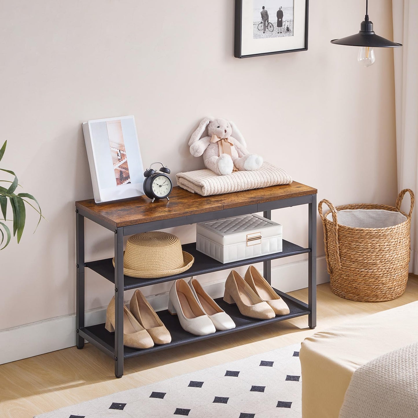 HOOBRO Shoe Bench, 3-Tier Shoe Rack Bench with Oxford Fabric Shelves, 29.5" L Industrial Shoe Storage Organizer for Hallway, Living Room, Holds Up to 300 lb, Space-Saving, Rustic Brown BF77HX01