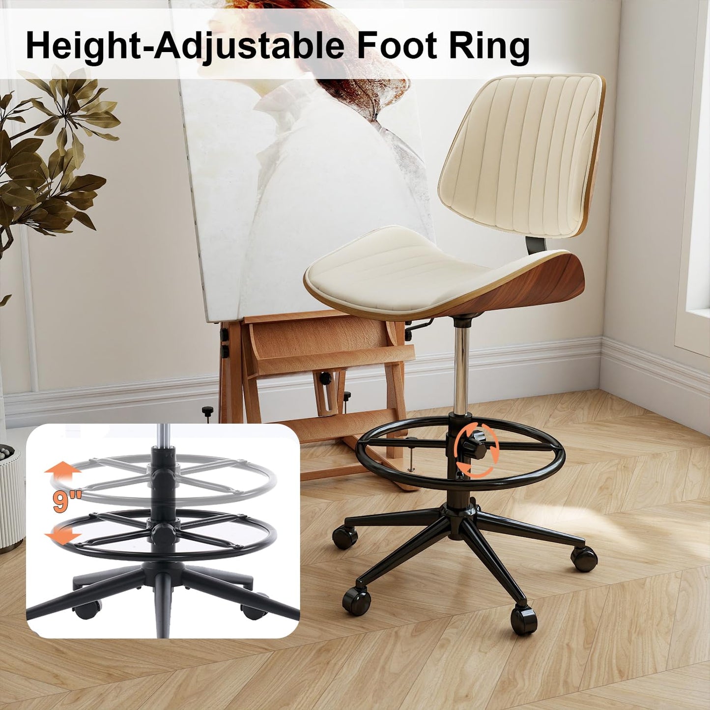 Rongbuk Drafting Chair, Ergonomic Office Chair with Walnut Wood Back Support, Armless PU Leather Desk Chair with Height-Adjustable, Thick Cushion for Home, Bar, Drafting, Office (Beige)