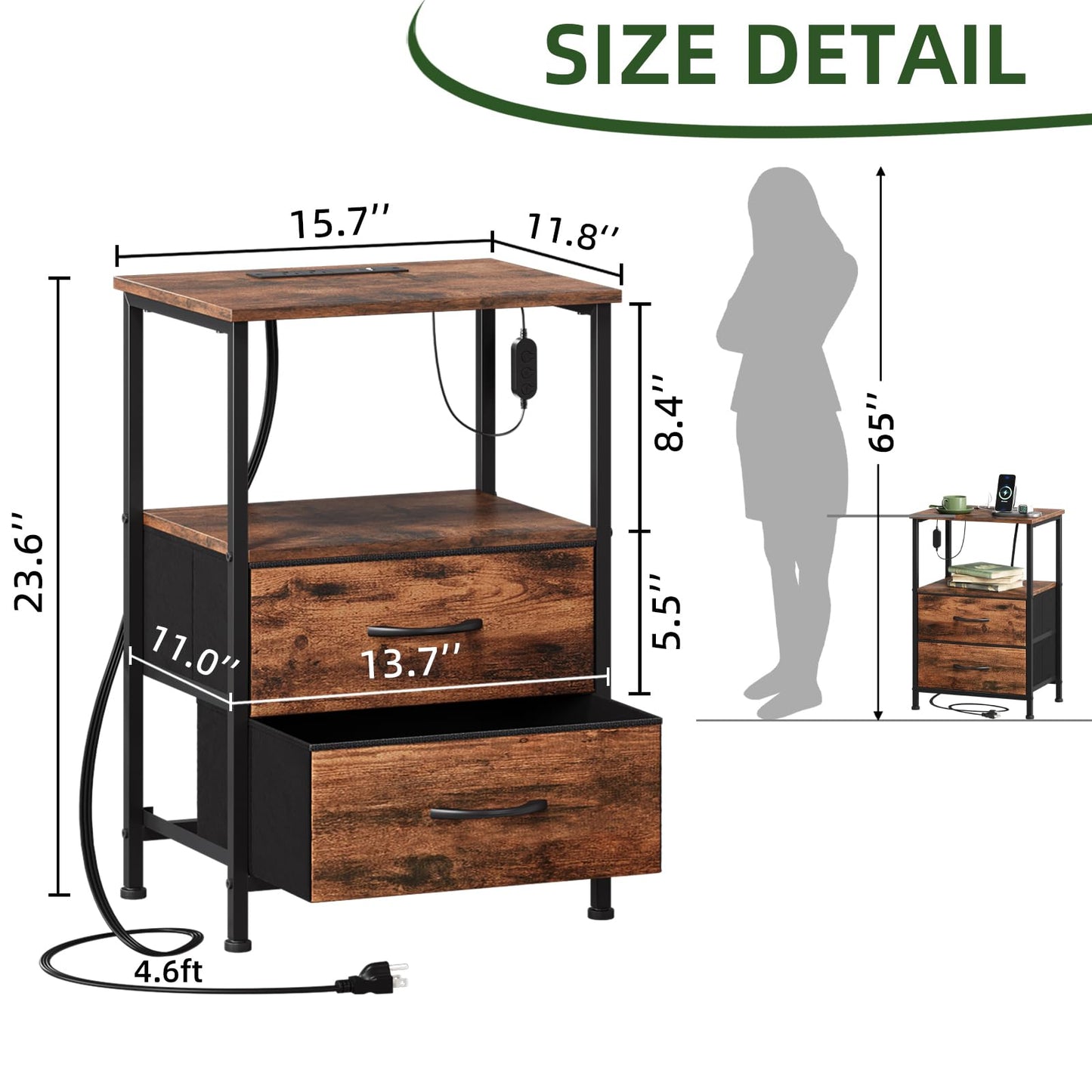 Somdot 2 Drawers Nightstand with Charging Station and LED Light for Bedroom, Small Dresser with Fabric Bins for Bedside Kids Dorm Room Closet Laundry Entryway, Wood Grain Print