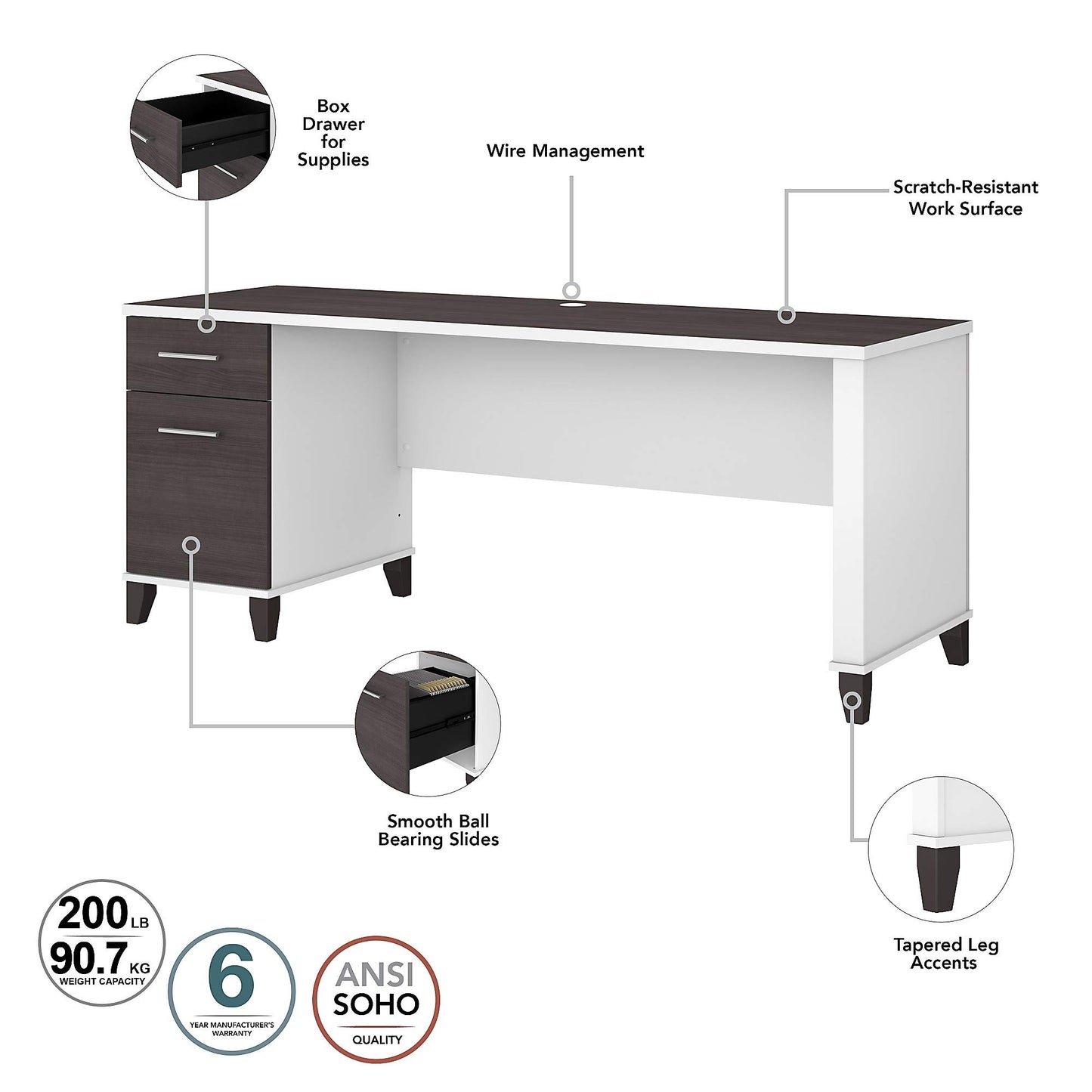 Bush Home 72-Inch Office Desk with Drawers and Hutch, Computer Desk with File and Box Drawers, Shelves and Storage Cabinet, Home Office Workstation, Somerset Collection, Storm Gray and White