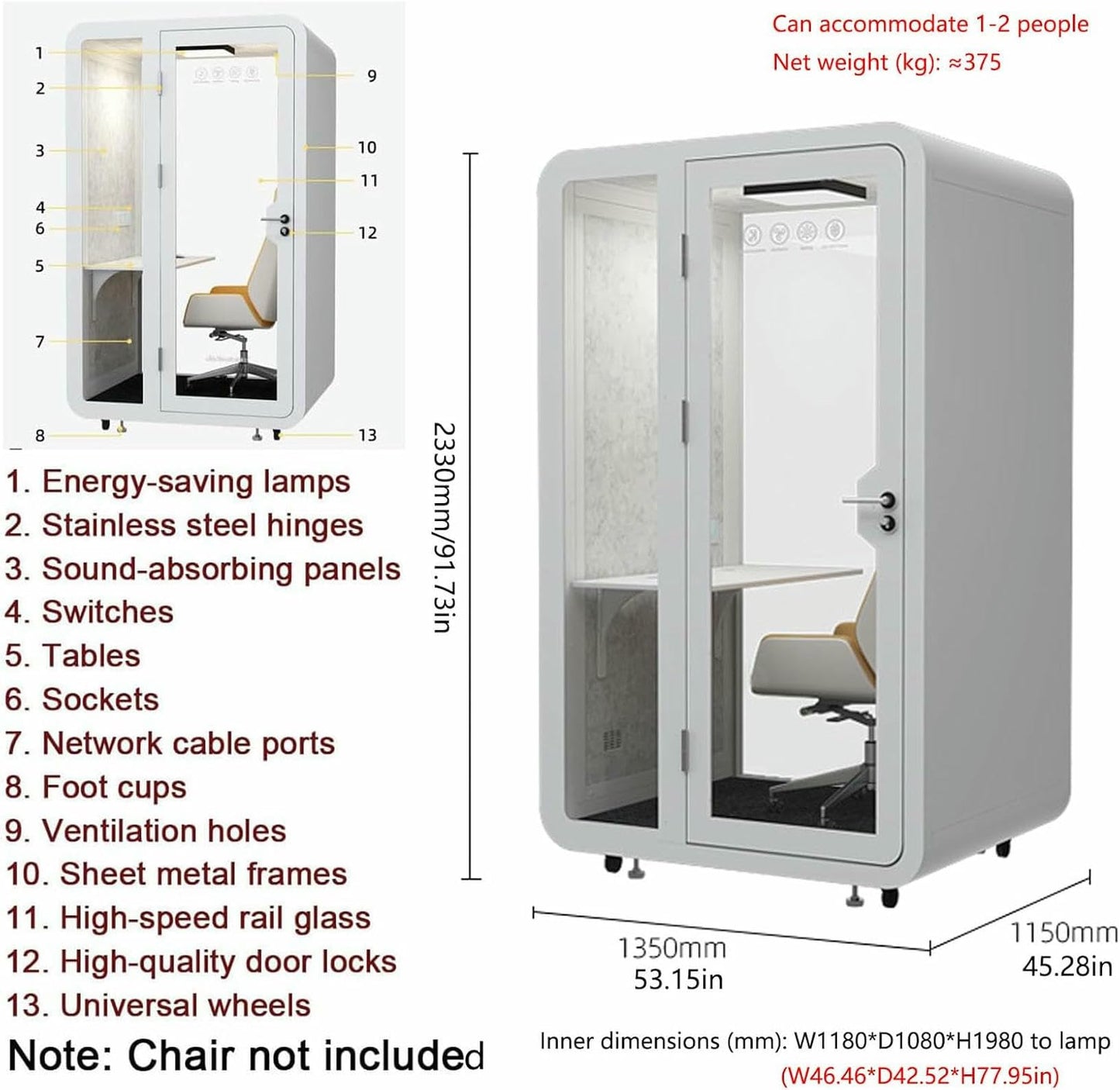 Mobile Soundproof Office Pod, Portable Movable Sound Proof Phone Booth, LED-Light Sound Proof Booth Work Pod for Office and Home, Privacy Proof Separate Room