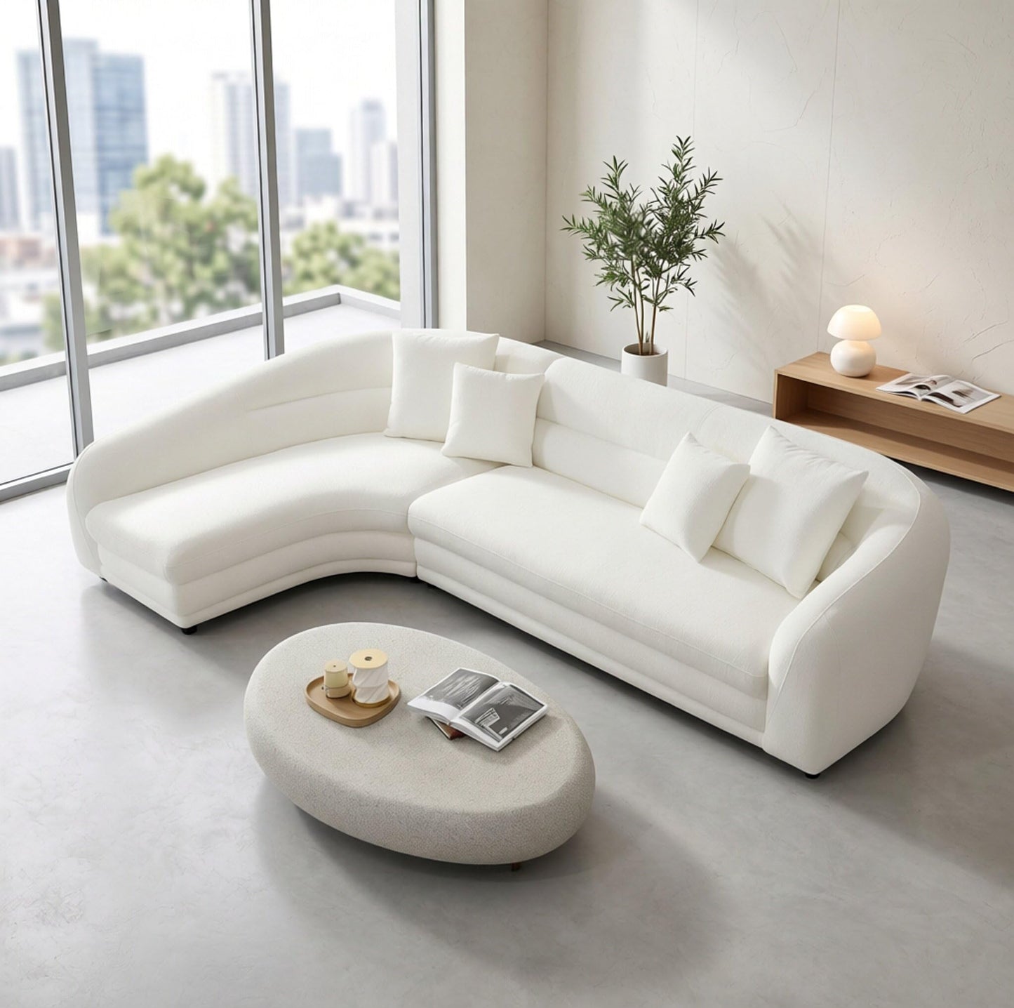 BBTJOINT Contemporary Living Room Set Including Oval Coffee Table, Curved Sectional Sofa, Crisp White Chennile L-Upholstery L-Shaped Couch,