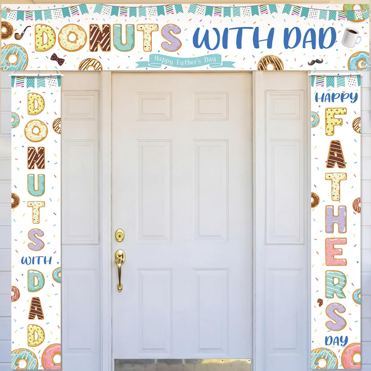 Fanfanwin 3 Pcs Happy Father's Day Banner Donuts with Dad Decorations Donuts Sprinkles Father Day Decor I Love Best Dad Ever Background Thank You Appreciation Party Supplies for Door Yard Decor