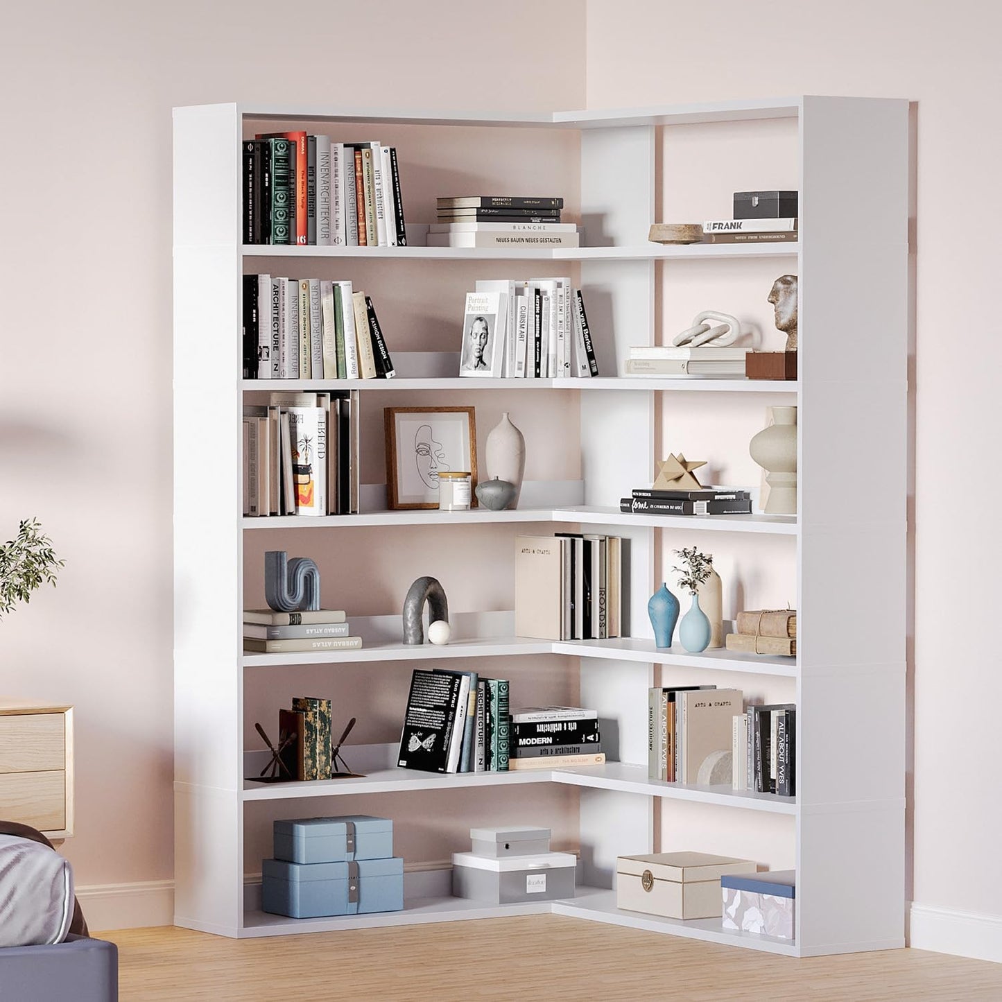 MXV 71.5" Tall L-Shaped Corner Bookshelf, 6-Tier 35.2" Wide Wooden Bookcase with Storage Organizer, Display Shelf for Home, Office, Living Room (35.2")
