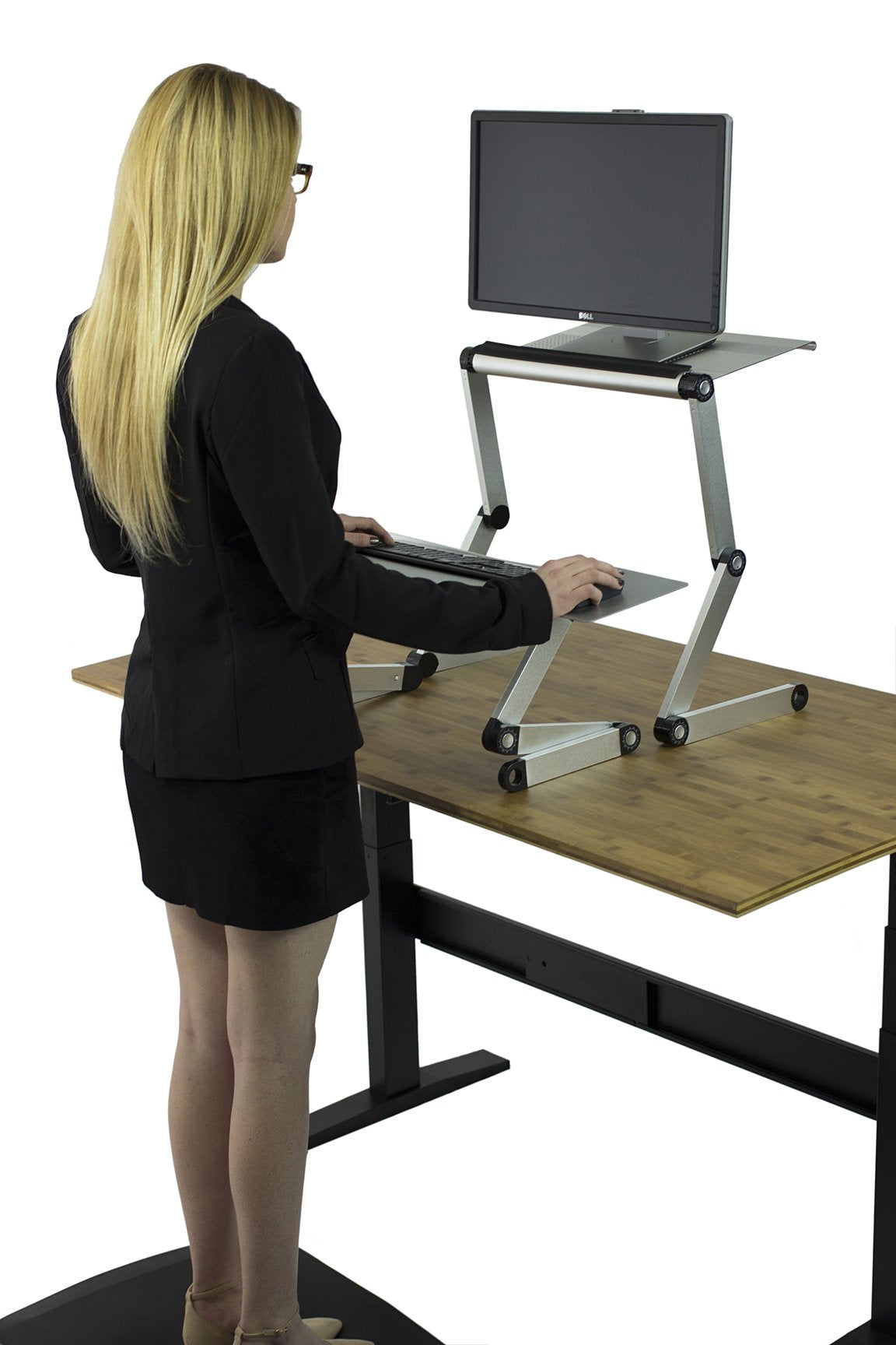 WorkEZ Adjustable Standing Desk Converter, Sit to Stand Desk Riser, Standing Desk for Laptop Monitor, Adjustable Height & Angle Negative Tilt, Silver