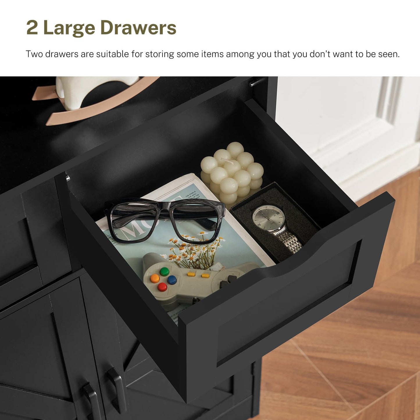 TEENFON Storage Cabinet with Doors & 2 Drawers, Kitchen Cabinet with Adjustable Shelf, Pantry Cabinets, Bathroom Cabinets, for Living Room, Entryway, Home Office, Black