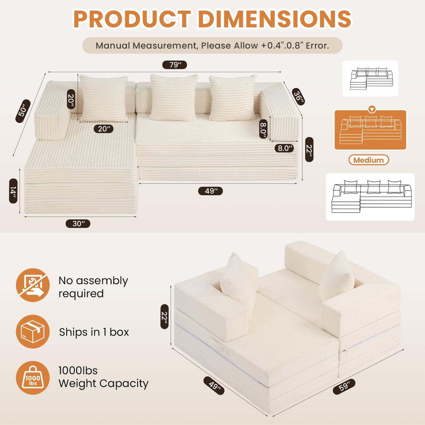 79" Modular Sectional Sofa, Boneless Convertible Sleeper Sofa Bed, Modern Tri-Folding Cloud Couch with L-Shape Chaise, Corduroy Futon for Living Room Small Spaces Apartment, No Assembly, Beige