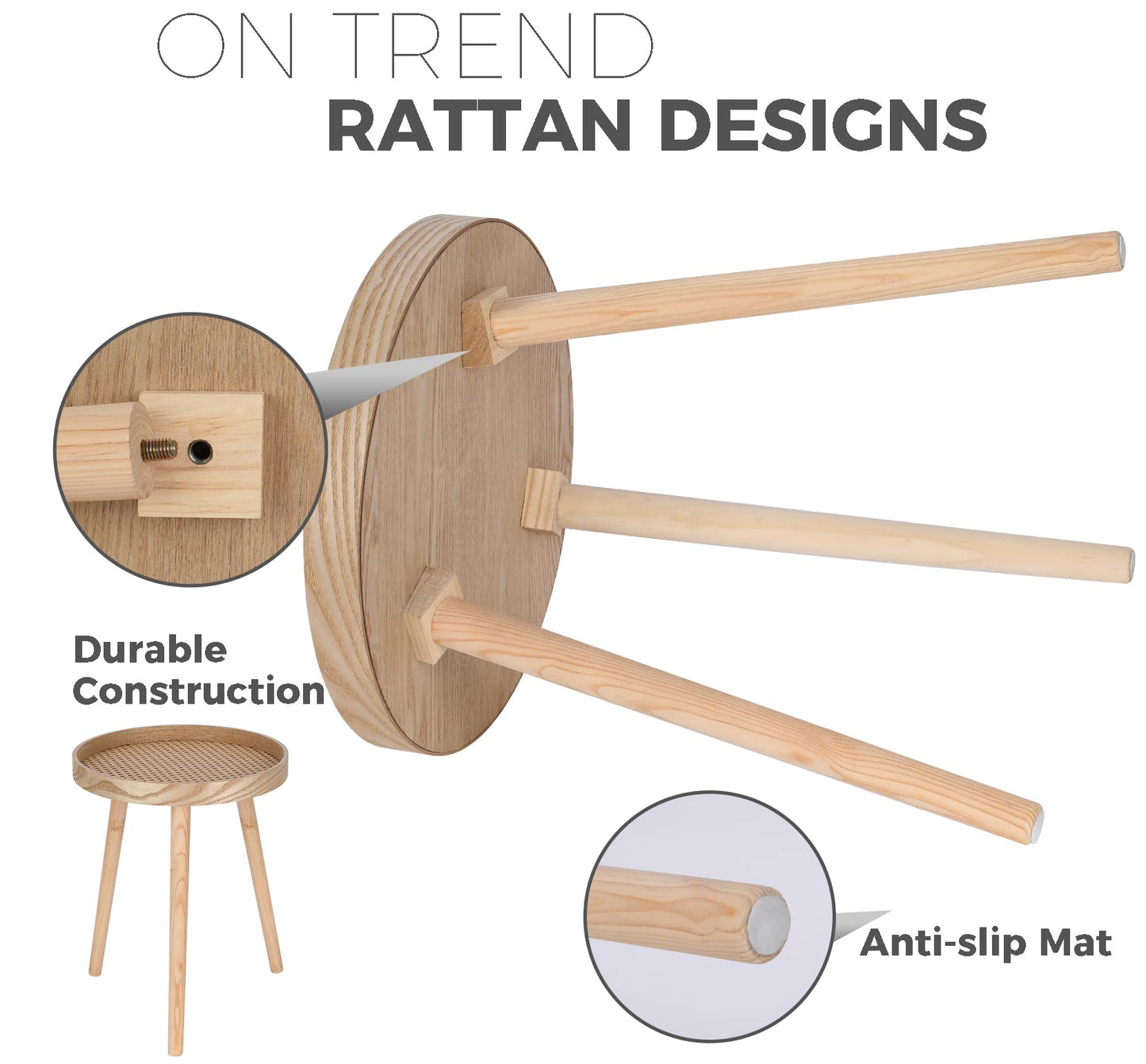 Small Side Table, Rattan Nightstand, Round End Boho Bedside Accent Mid-Century Modern Bed Tables for Living Room Bedroom Office Balcony(Natural Walnut)