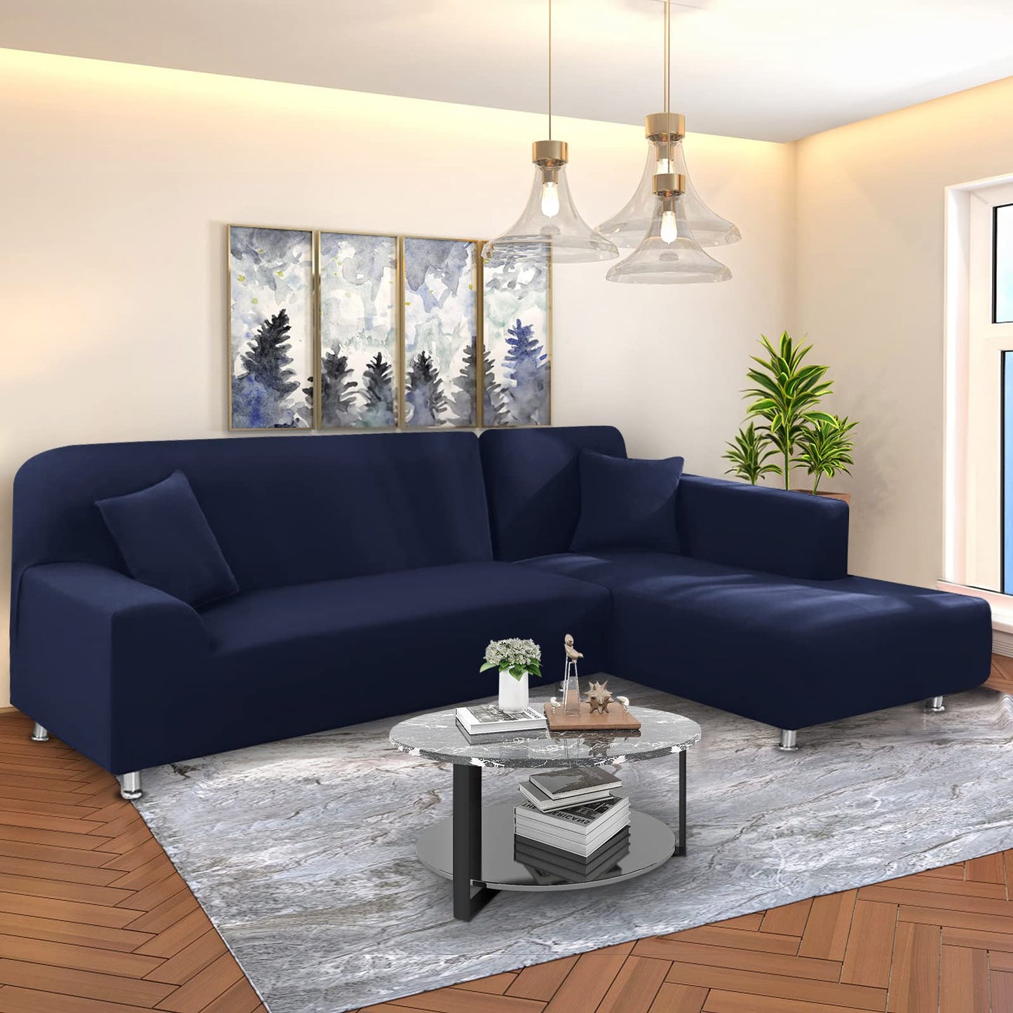 NAISI Couch Cover L Shape 2 Pieces Sofa Cover Soft Stretch Slipcovers with 2pcs Pillowcases Furniture Protector Sectional Couch Covers 3 Seater + 3 Seater(Navy)