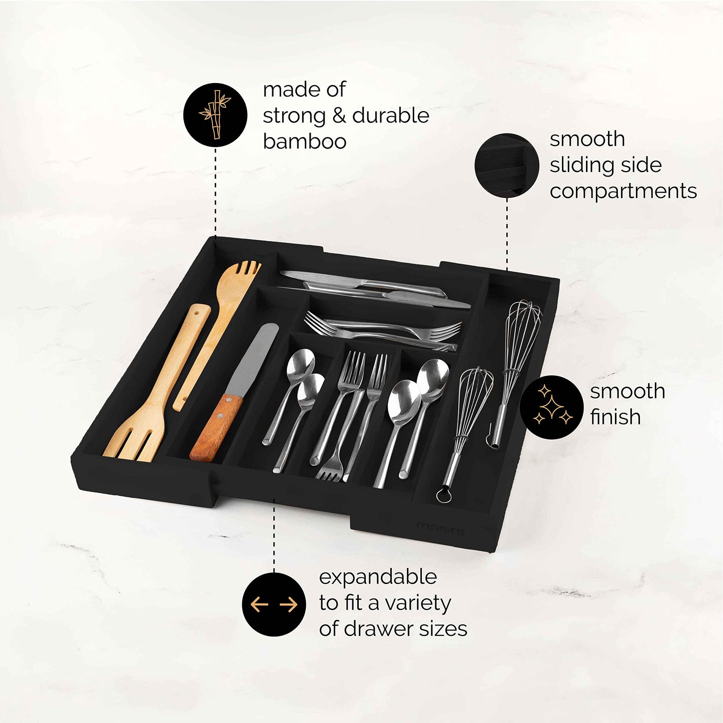 Masirs Expandable Bamboo Kitchen Drawer Organizer - Adjusts to Fit Drawer Size, Ideal for Silverware, Utensils, and Office Supplies, Durable Bamboo Construction