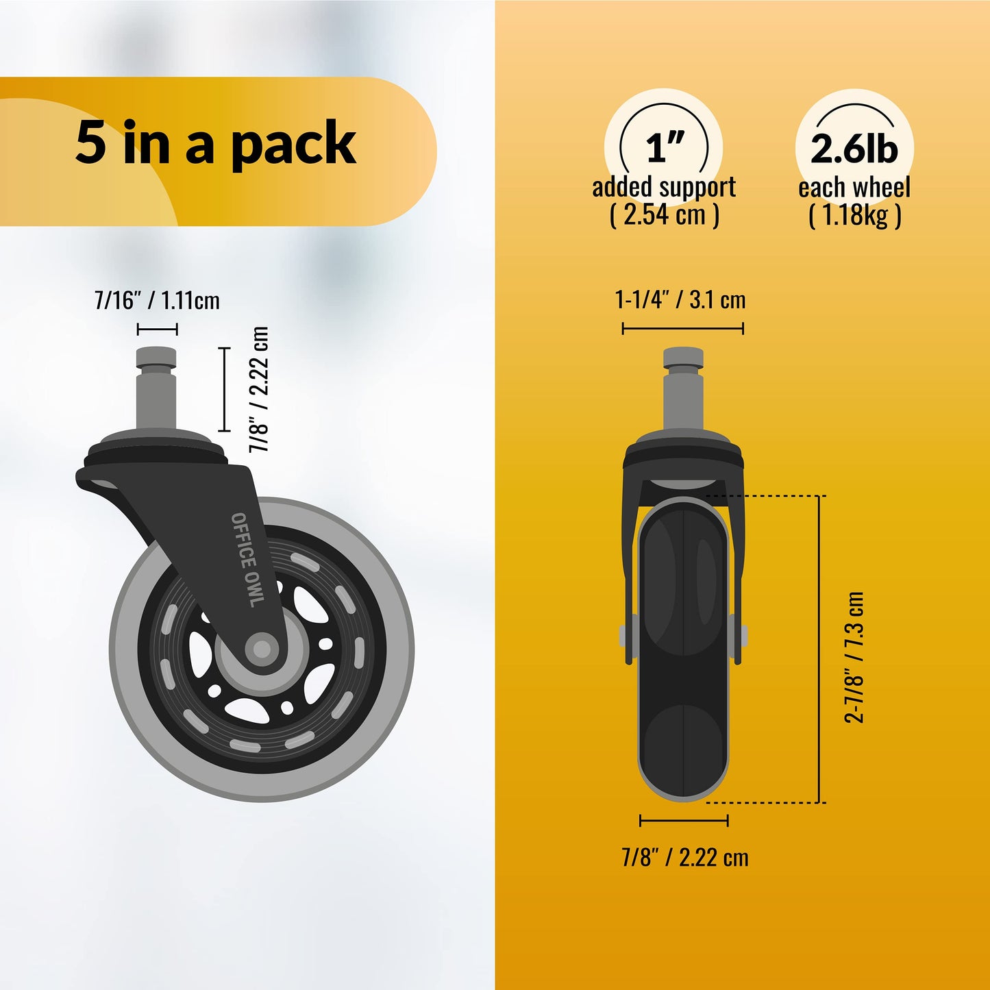 Rollerblade Office Chair Wheels, Set of 5 Replacement Casters for Desk and Gaming Chairs, Safe for Hardwood Floors, Tile, Laminate & Carpet, Support Up to 650 LBS, Easy Install, Universal Fit, Black