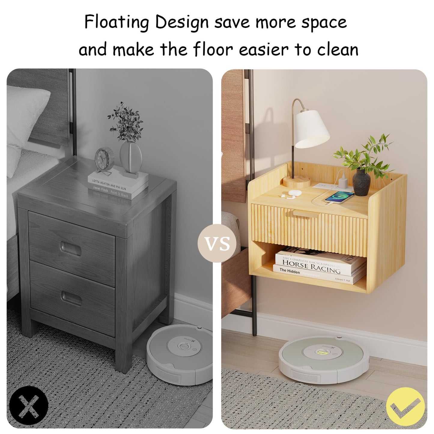 Arbuxzuy Floating Nightstand Set of 2 with Charging Station, Modern Wall Mounted Bedside Table with Drawer & Open Shelf, Made of Minimalist Wood for Bedroom (Light Brown)