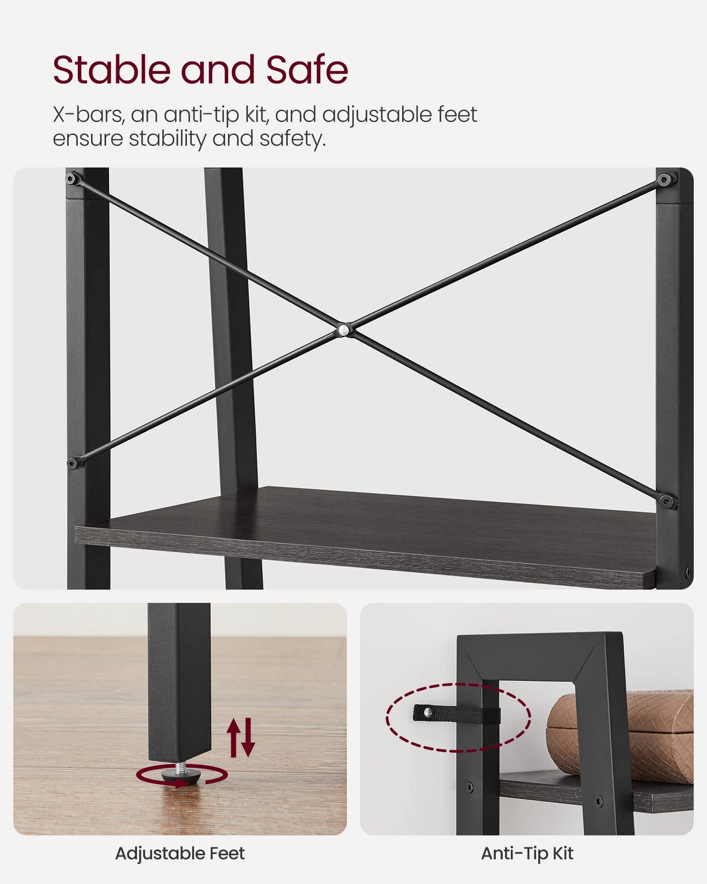VASAGLE BARNET Collection - Ladder Shelf, Bookshelf, Storage Rack, Modern Bookcase for Living Room Home Office Kitchen, Steel Frame, 4-Tier, 22-Inch Wide, Charcoal Gray and Ink Black ULLS044B04