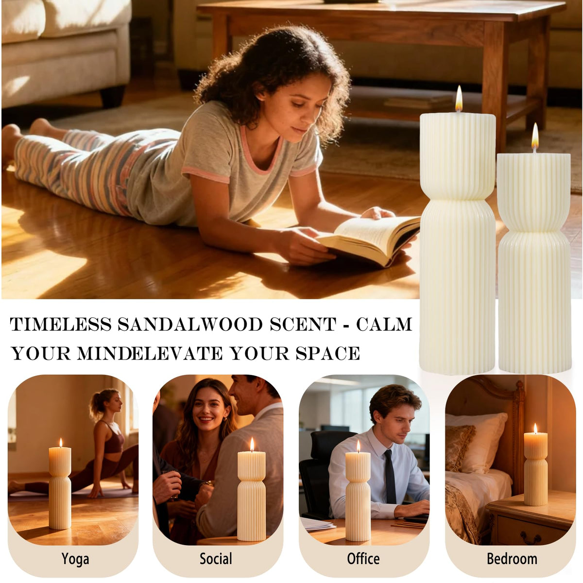 Aesthetic Sandalwood Scented Candles,Ribbed Pillar Candle Set of 2 (7.87" & 9.05" Tall), Natural Soy Wax Minimalist Geometric Decor, Modern Fluted Sculptural Candles for Home,Shelf, Mantel & Gift