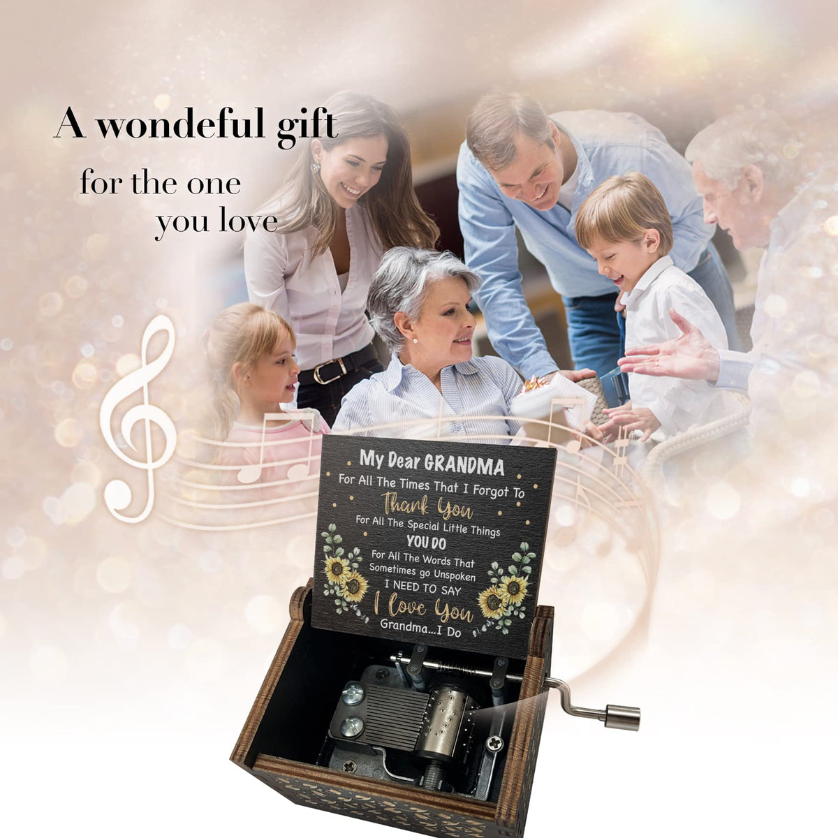 Hcaredee Music Box Gifts for Grandma You are My Sunshine Hand Crank Engraved Wooden Musical Boxes Sunflower Gift for Grandmother on Birthday Christmas Mothers Day(Black)