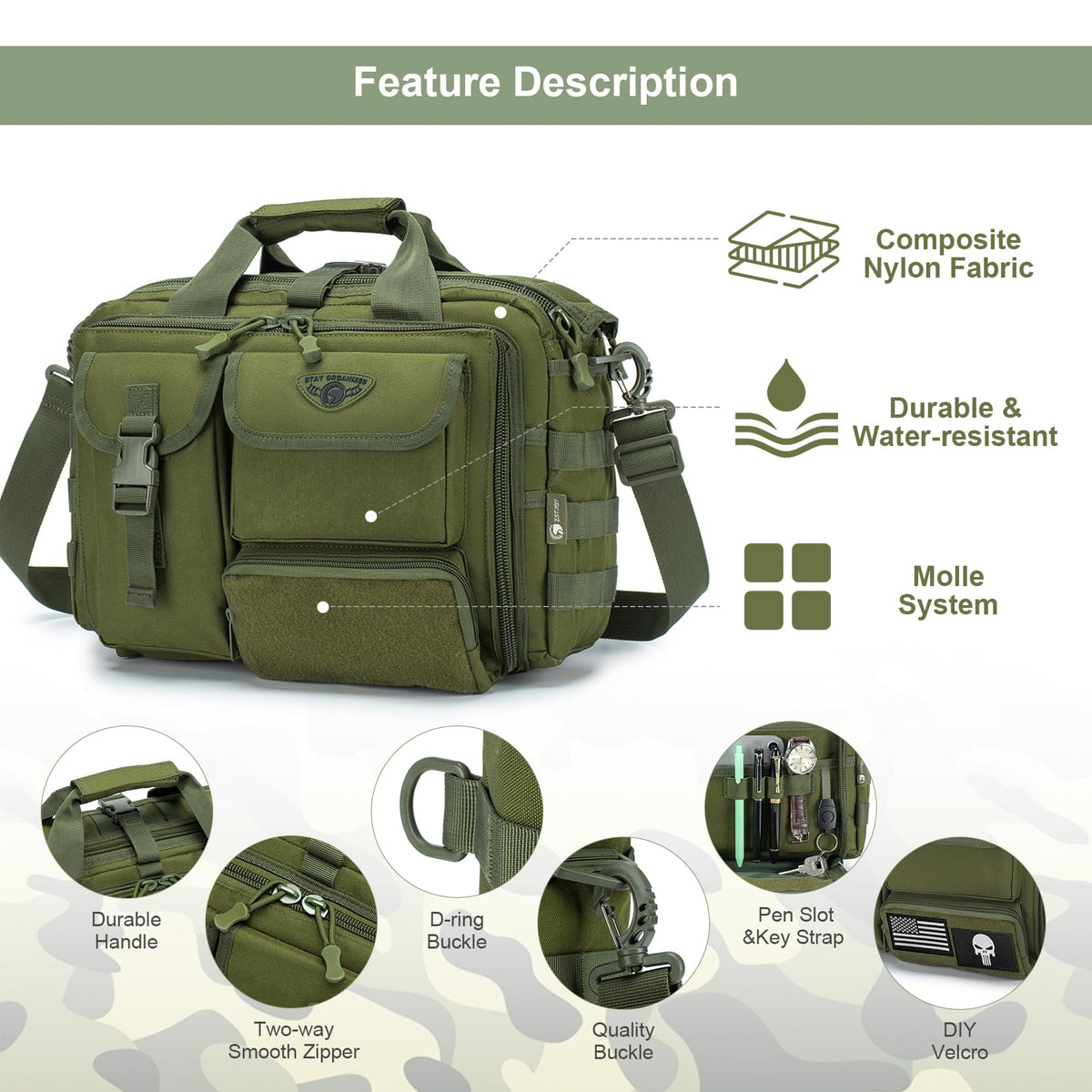 Stypos Tactical Messenger Bag, 15.6/17.3 Inch Tactical Briefcase for Man Military Laptop Bag Messenger Shoulder Bag (Green)
