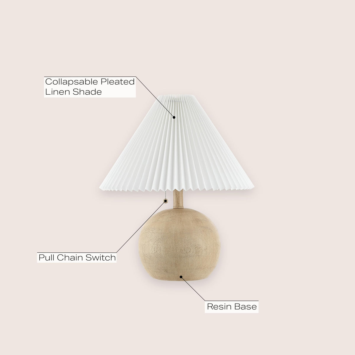 JONATHAN Y 17.25" Beige Wood Finish/White Sphere Table Lamp, Mid-Century Bedside Nightstand with Beige Pleated Linen Shade, Scandinavian Coastal Style, LED Bulb Included (JYL1145B)