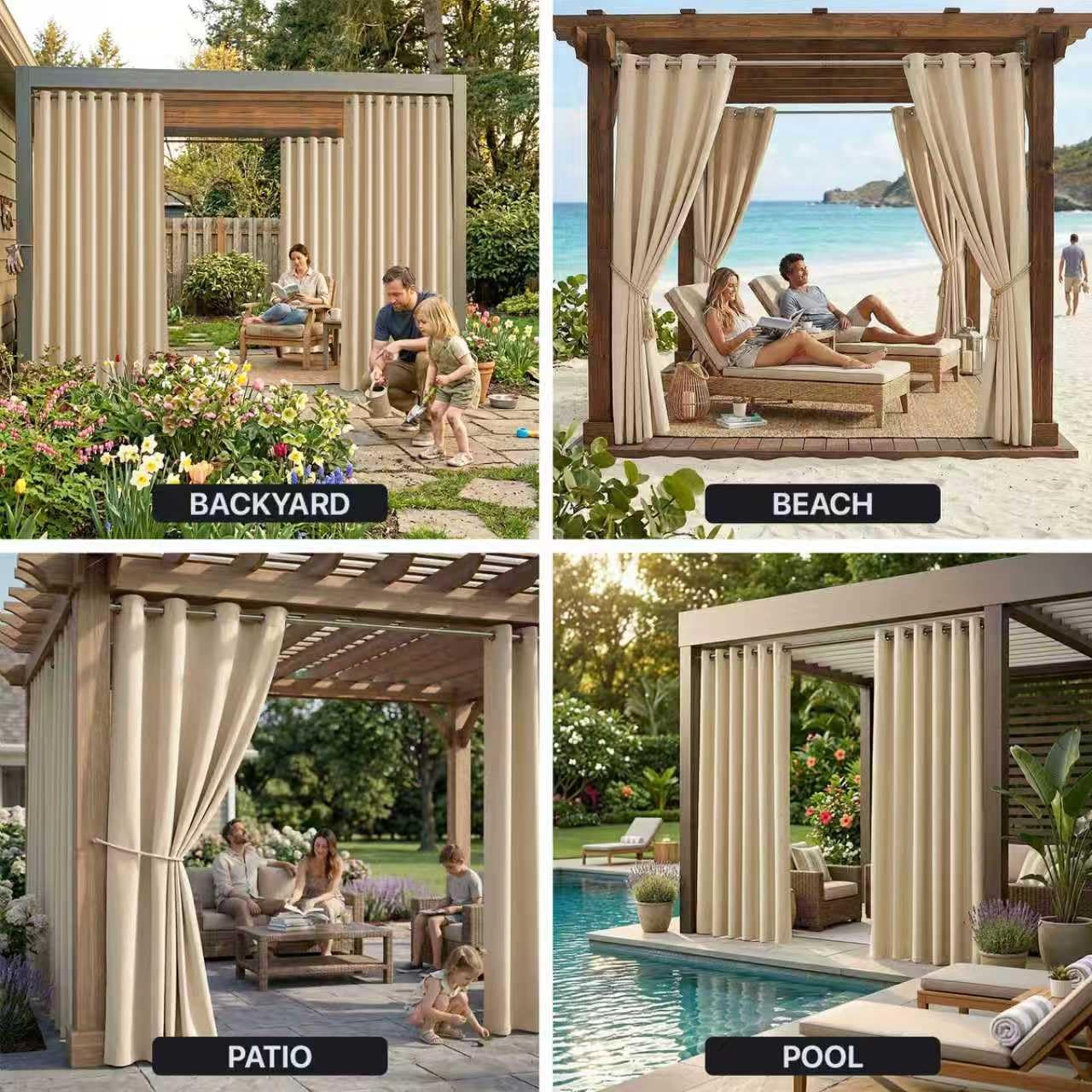 DIVA EN CAMINO DEC Outdoor Patio Curtain Waterproof Darkening Thermal Insulated Indoor Curtains for Bedroom, Porch, Living Room, Pergola, Cabana, W84 x L95, Beige, Set of 2 Panels