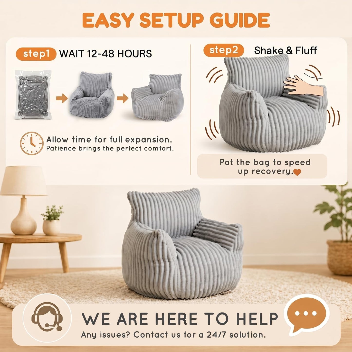 MaxiBean Bean Bag Chair - Plush Faux Fur Floor Seating Furniture Bean Bag Chair for Living Room, Bedroom, Playroom (2.5FT Stripe Grey)