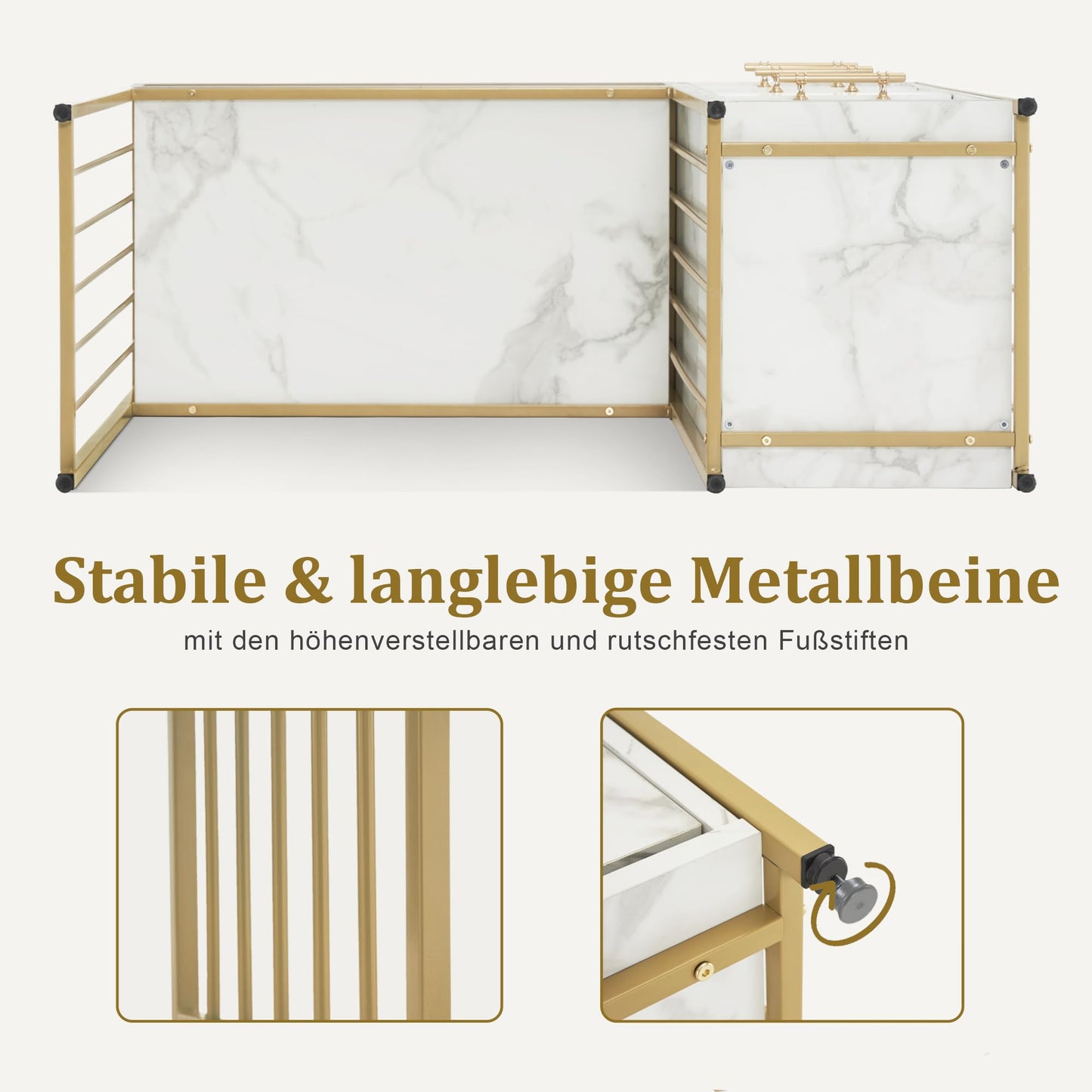 M MCombo Desk with 3 Drawers, Nail Table Made of Wood, Metal Frame, Manicure Table, Marble White Gold, Dressing Table without Mirror, Modern, Computer Desk with Shelf Living Room, 43 x 108 x 125 cm,