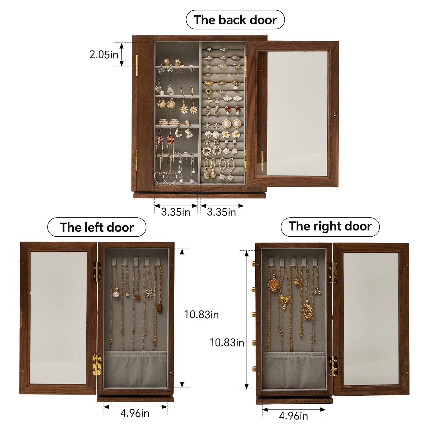 THFLSTR Wooden Jewelry Box for Women, 360 Rotating Design,Large Jewelry Organizer with Velvet Lining, 5 Drawers, Transparent Glass Doors, Black Walnut Wood Grain, Jewelry Storage Organizer