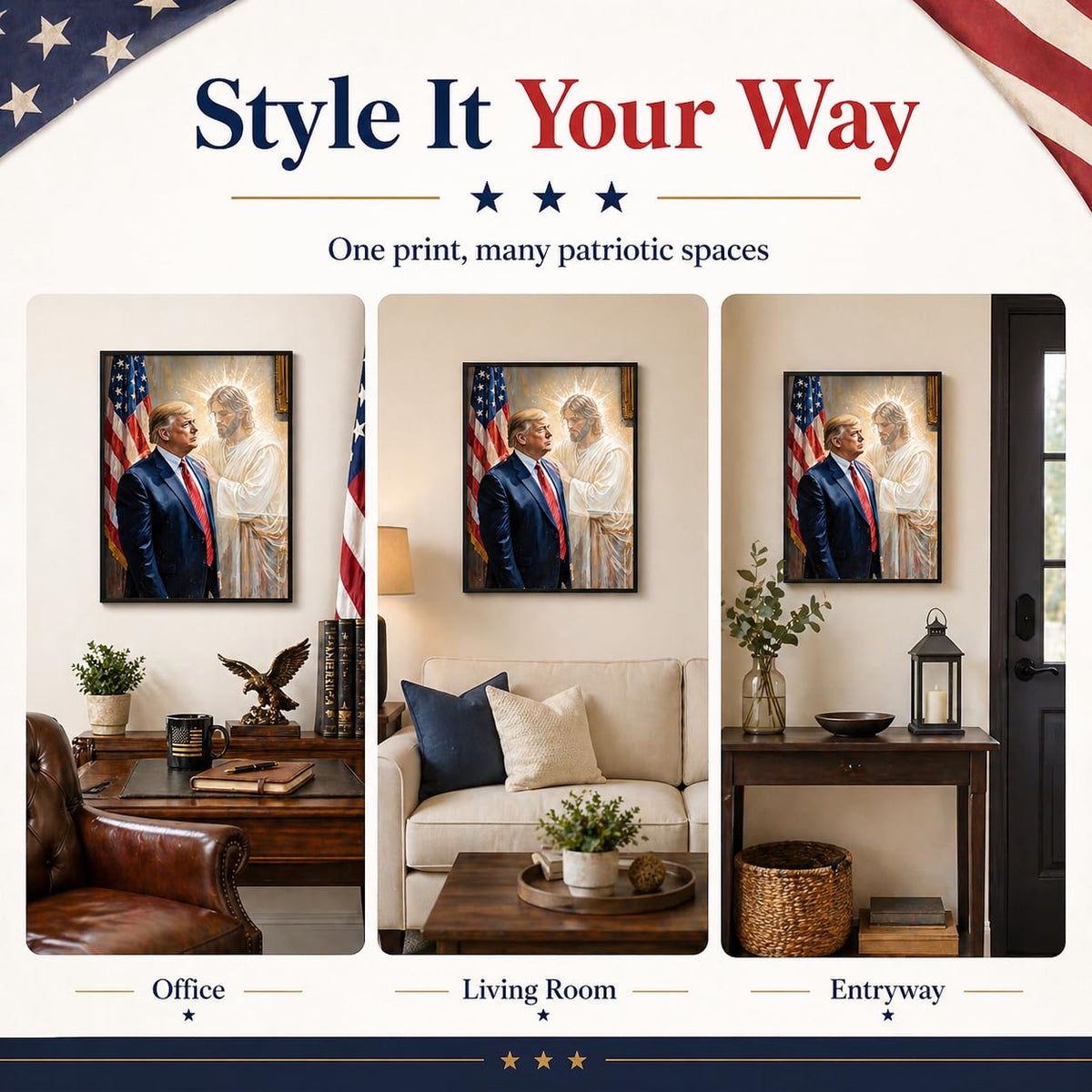The Grace of God: Jesus & Trump Inspirational Painting 11x14 Unframed Poster - Religious Art Faith Leadership MAGA American Flag Patriotic Artwork for Home Office, Living Room, Conservative Christians