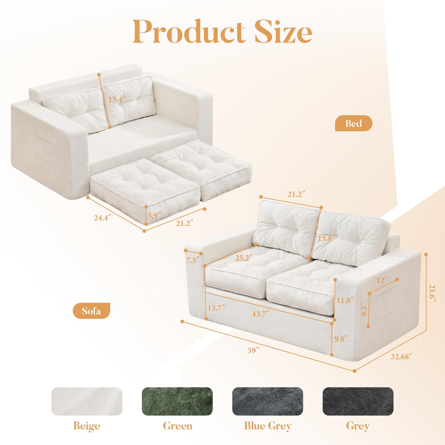Hobestluk Sofa Couch Loveseat Sofa with Chenille Fabric 2-Seater Sofa for Small Spaces Comfortable Foam Floor Sofa 2 in 1 Boneless Couch for Living Room Bedroom Apartment or Office (Beige, Loveseat)