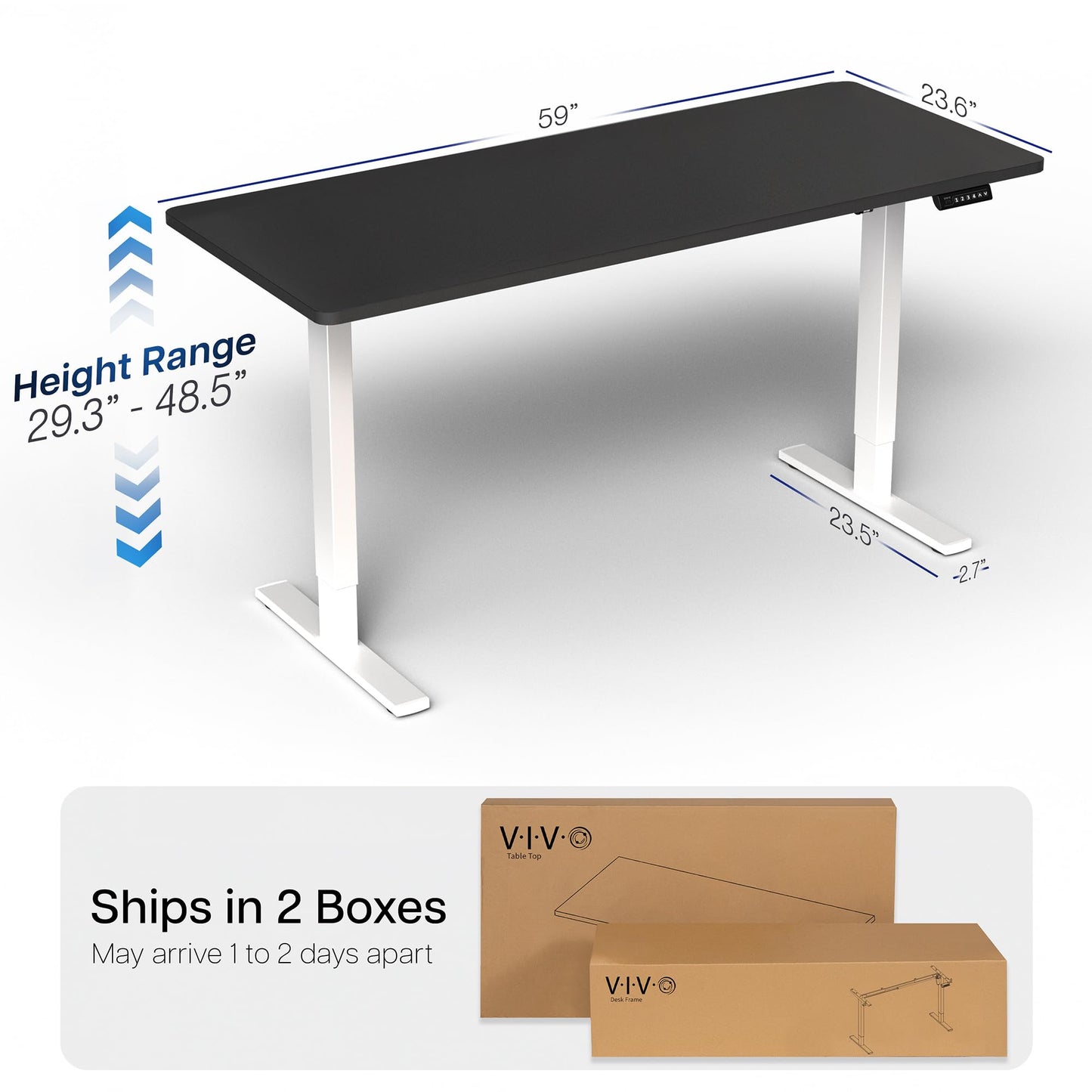VIVO Electric 60 x 24 in Standing Desk, Memory Height Adjustment, 1B Series, Holds 220 lbs, One-Piece Black Top, White Frame, DESK-KIT-1W6B