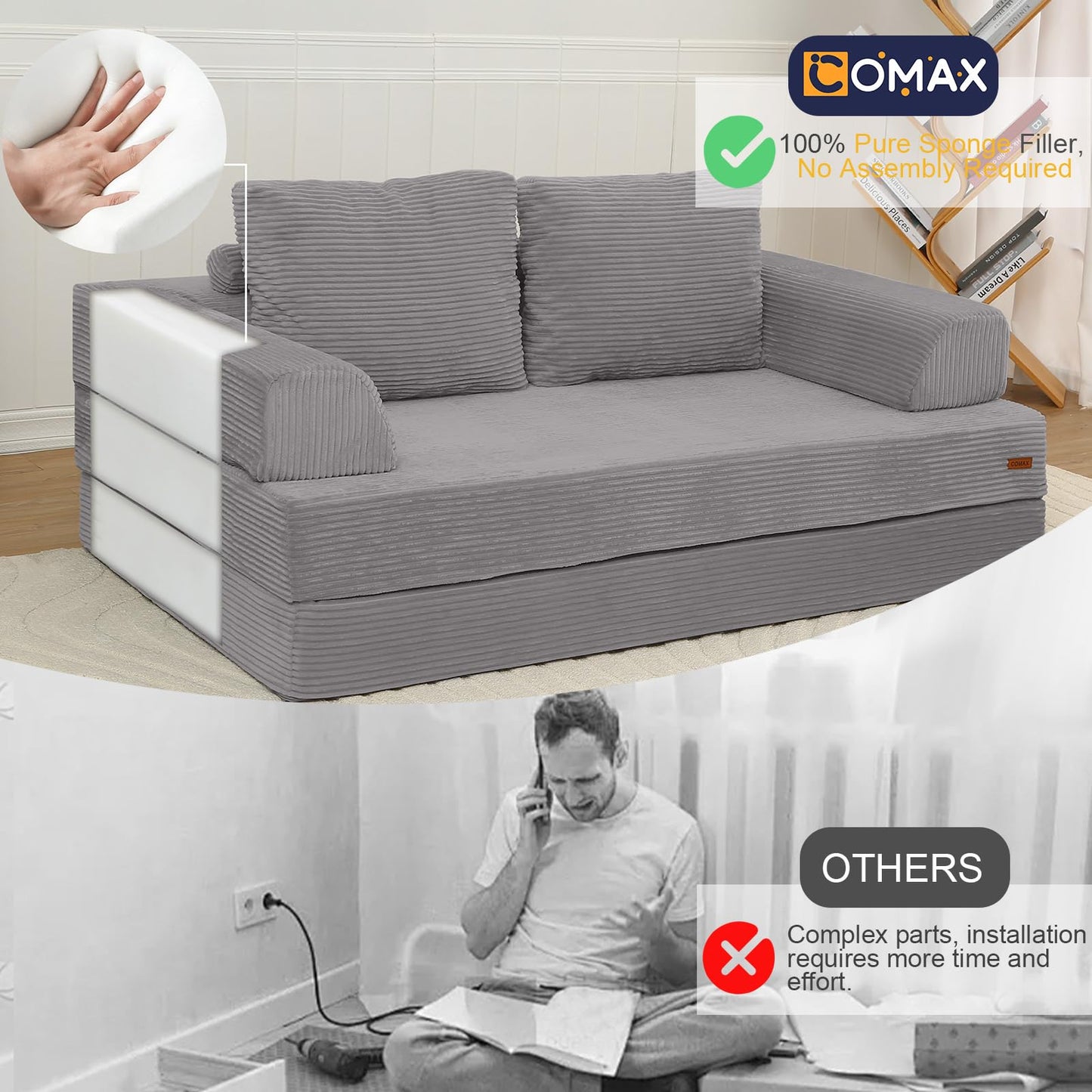 COMAX Convertible Sofa Bed, Folding Floor Couch Corduroy Fold Out Couch Bed Futon Sleeper Mattress with Pillows, Boneless Sofa Comfy Lounge Loveseat for Living Room Bedroom, Light Grey
