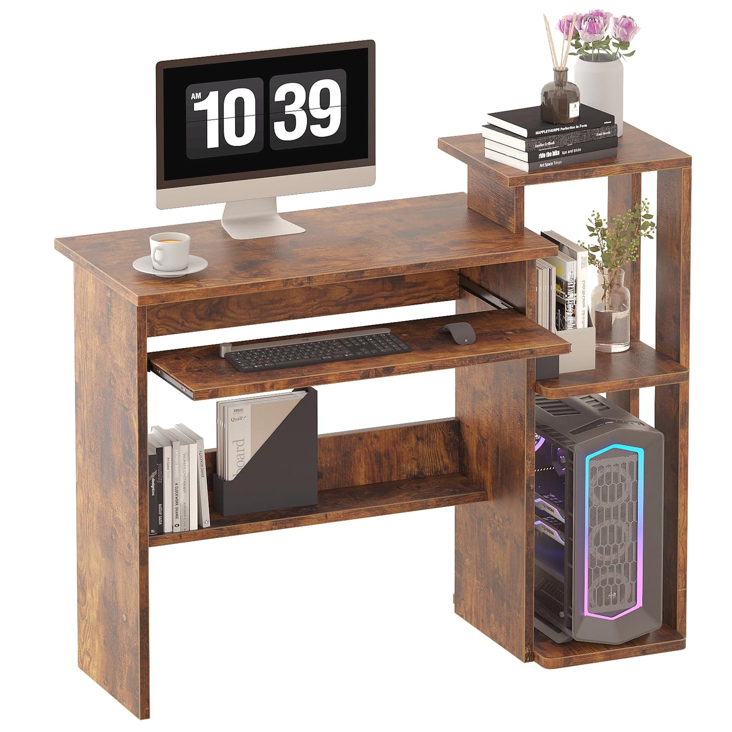 ALISENED Computer Desk with Storage Shelves, Home Office Desk with Monitor Stand, Small Writing Desk Table with Keyboard Tray,Study Table with CPU Stand for Small Spaces (35"-Rusitc Brown)