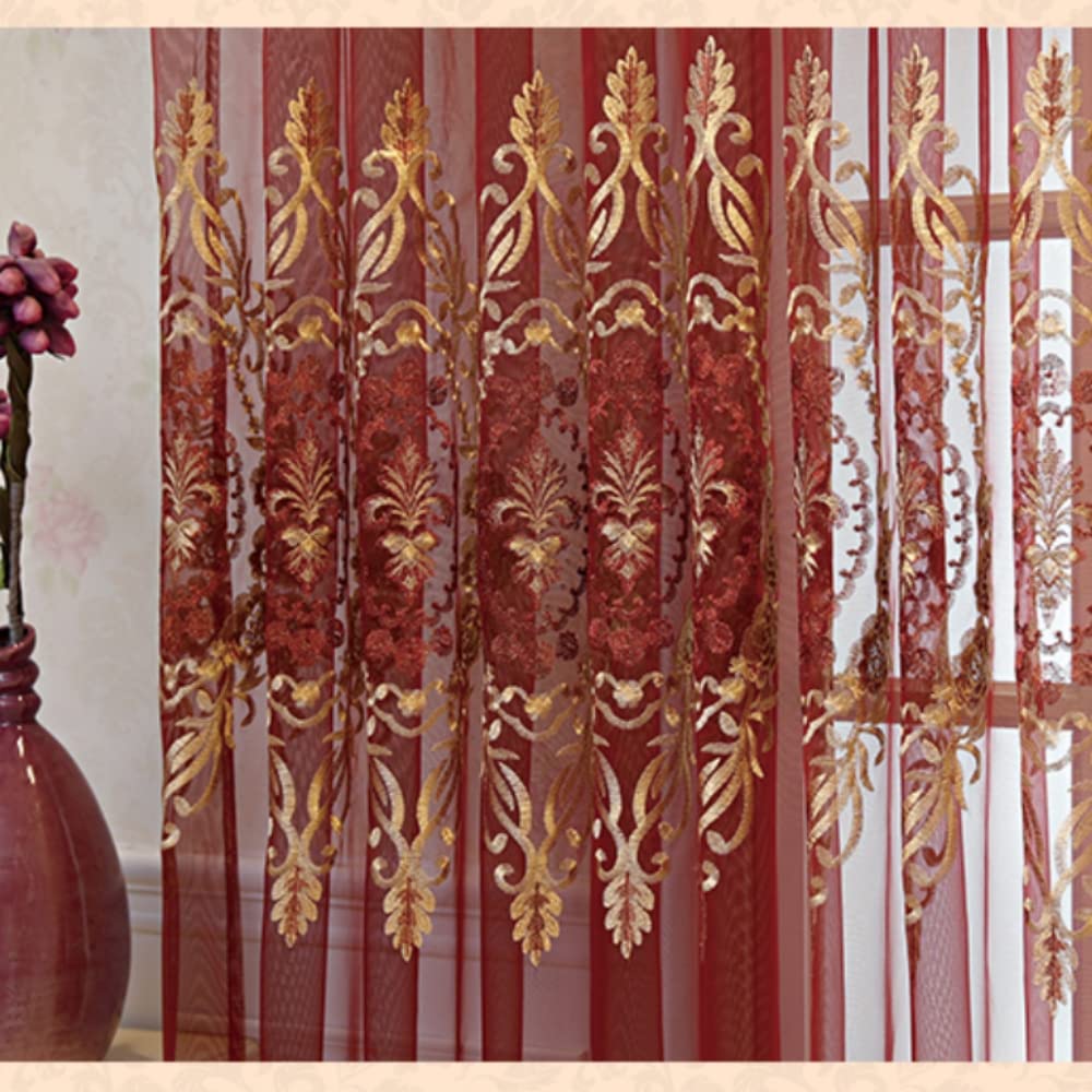 Amidoudou 1 Pair European Jacquard Sheer Curtains for Living Room Bedroom Luxury Embroidered Tulle Curtains (Red,52x90 Inch)