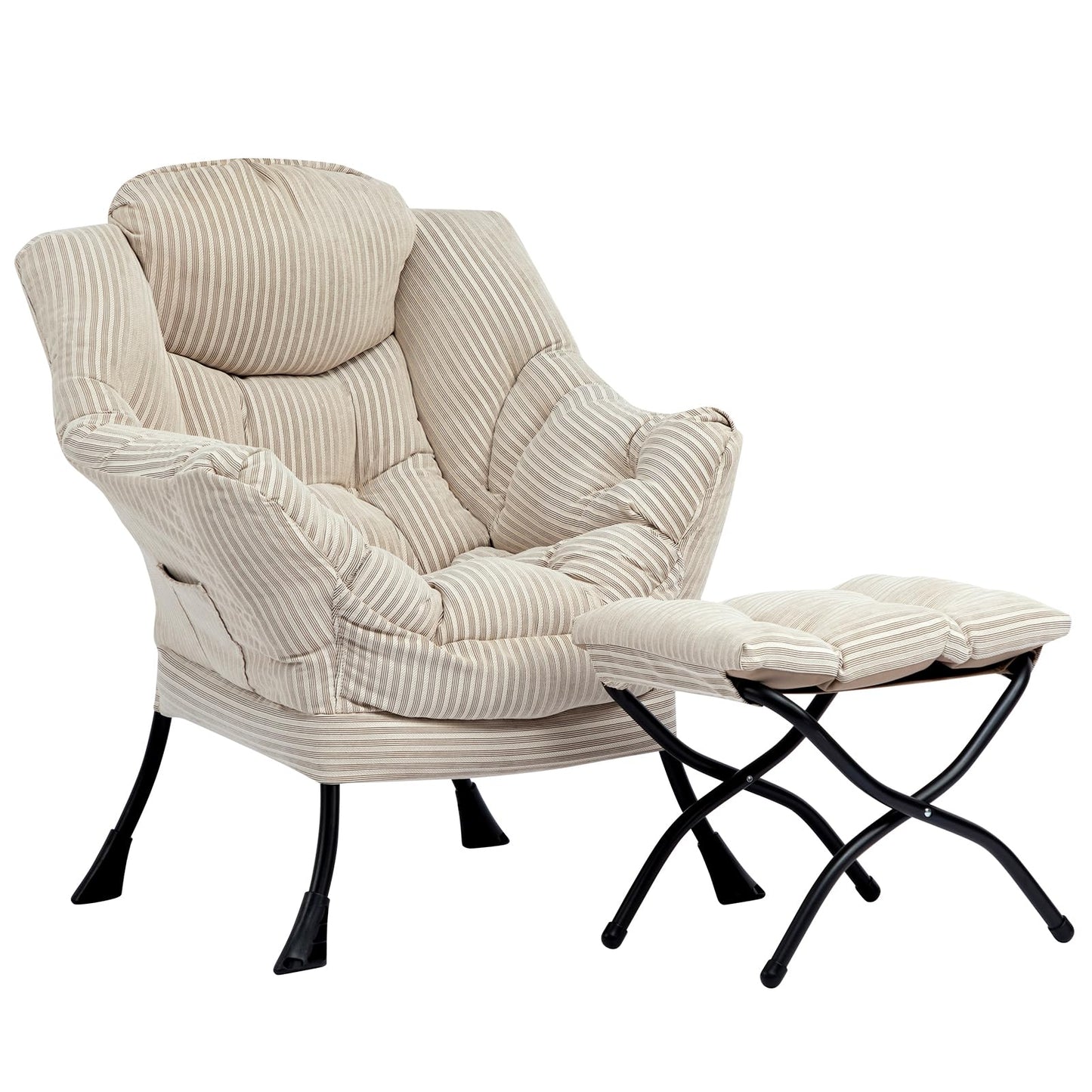 HollyHOME Lazy Chair with Foldable Ottoman, Accent Comfy Lounge Armchair and Folding Footrest Stool, Leisure Sofa Reading Chair and Footstool for Living Room, Bedroom, Dorm,Beige Stripe
