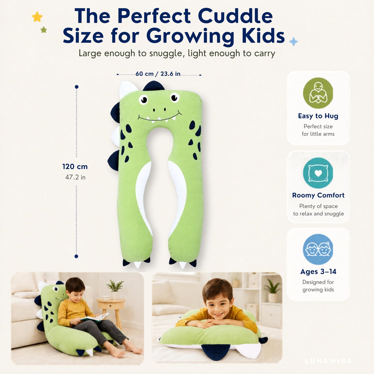 LUNAMIRA Dino Kids Body Pillow - 47" U-Shape Long Plush Soft Animal Pillow for Kids, Sleeping, Reading, ADHD & Special Needs Comfort, Anxiety, Washable Cover, Snuggle Fun Cuddle Gift for Boys & Girls