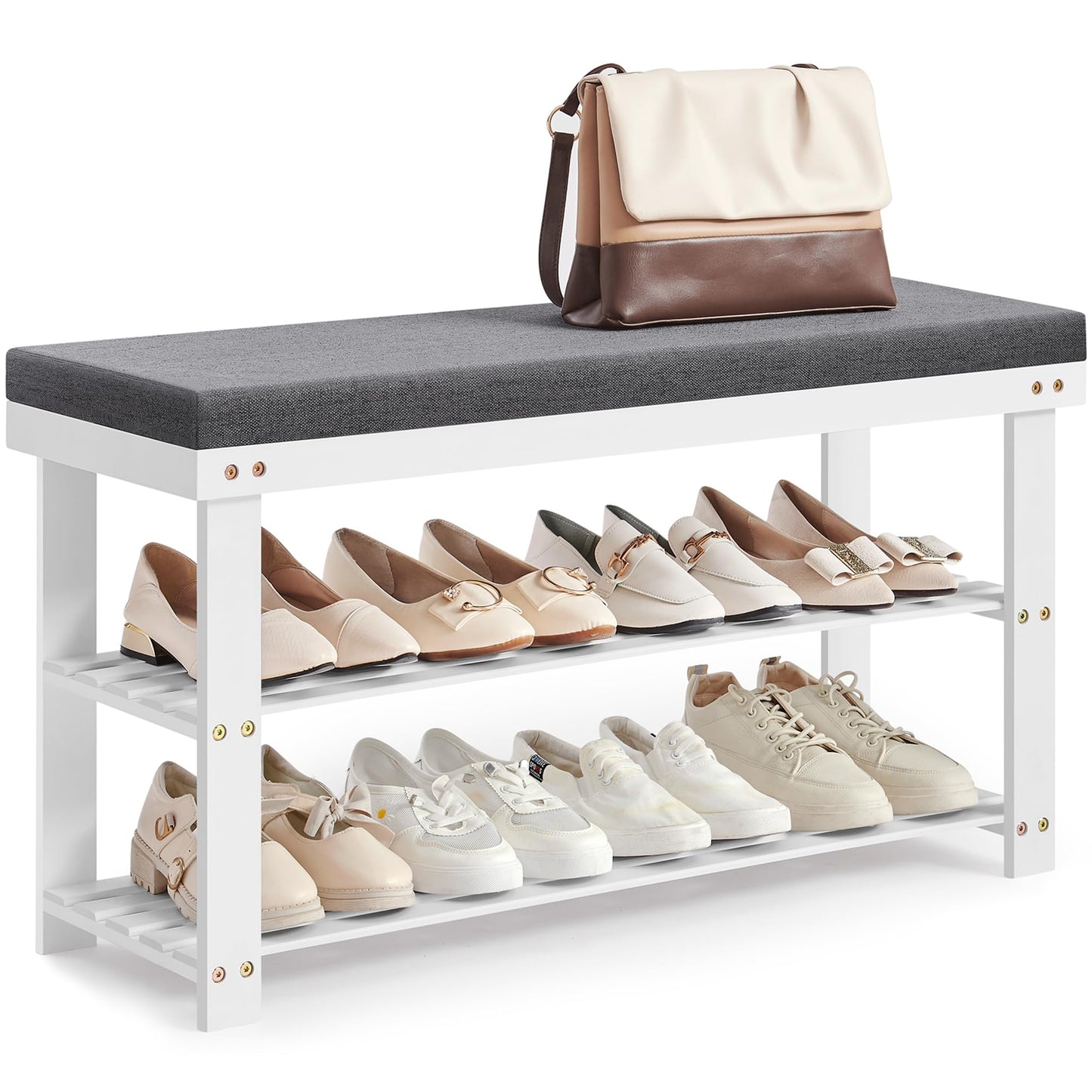 SONGMICS Bamboo Shoe Bench, 3-Tier Shoe Rack Organizer for Entryway, Living Room, Bench Seat Holds Up to 300 lb, 11.9 x 35.4 x 19.2 Inches, Cloud White and Slate Gray ULBS904W01