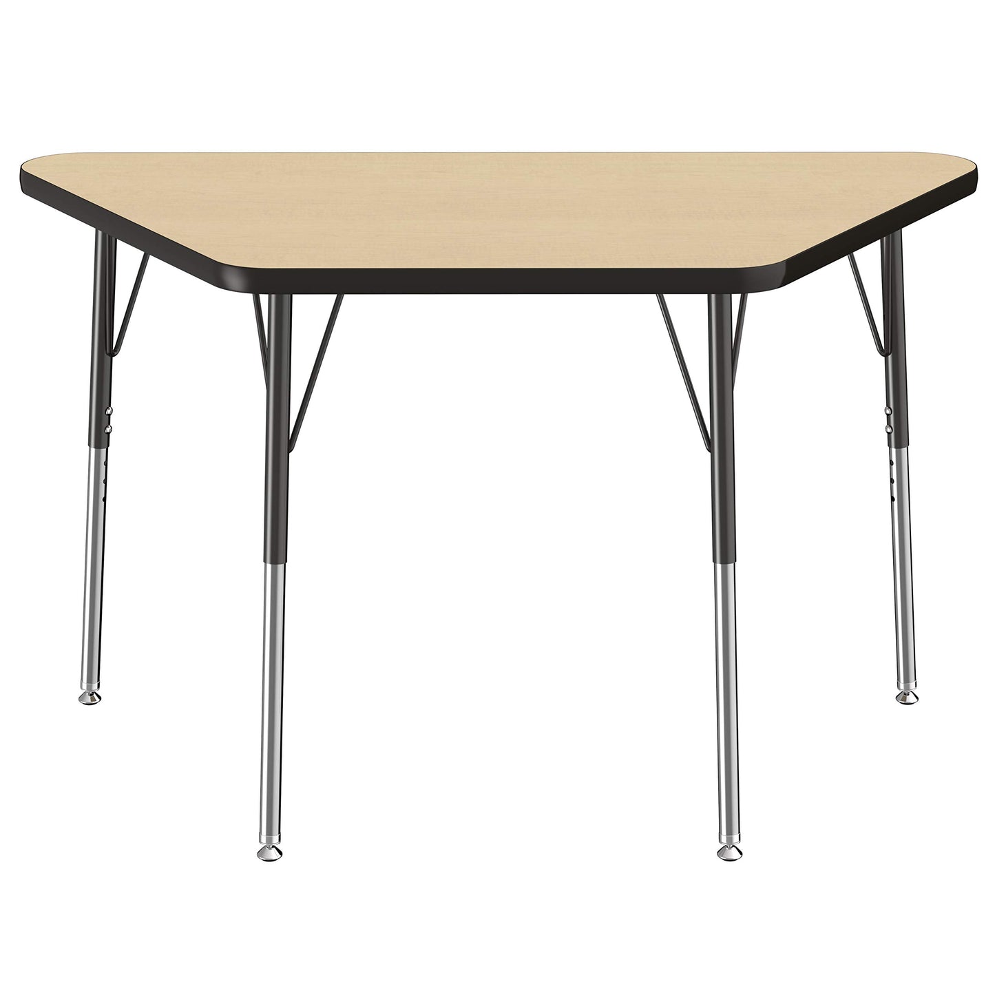 FDP Trapezoid Activity School and Office Table (24 x 48 inch), Standard Legs with Swivel Glides for Collaborative Seating Environments, Adjustable Height 19-30 inches - Maple Top and Black Edge