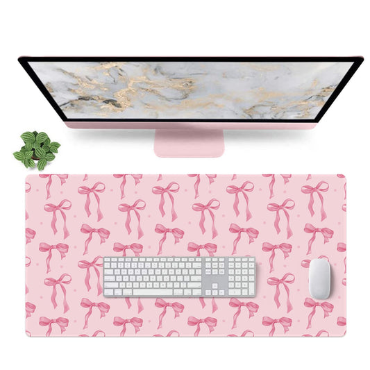 Pink Desk Mat with Bows, Cute Mouse Pad for Computer Laptop PC Non-Slip Rubber Base Gaming Keyboard Pad, Large Office Mat Girly Décor Office Supplies Desk Accessories for Teen Girls Women 31.5 x 15.7