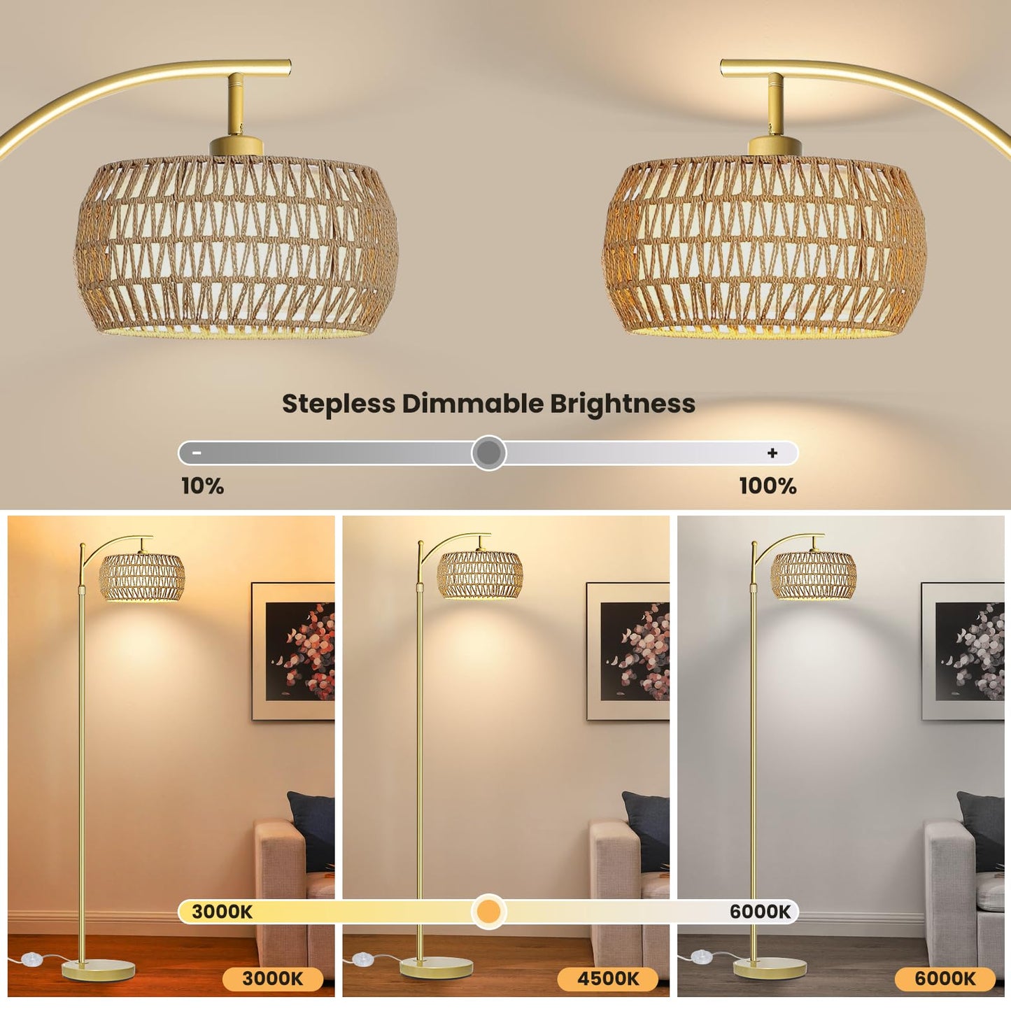 Yusist Arc Floor Lamp for Living Room,Farmhouse Floor Lamps with Remote Control & Dimmable Bulb,Gold Boho Rattan Tall Standing Lamp for Bedroom Office