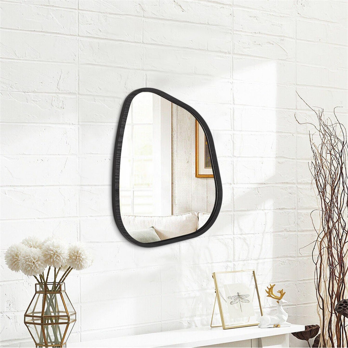 HLFMVWE Irregular Wall Mirror Asymmetrical White Mirror Modern Wood Frame Unique Shape Wall Mounted Vanity Artistic Mirror Decor for Living Room Bedroom Bathroom Entryway Hallway 14"x10"