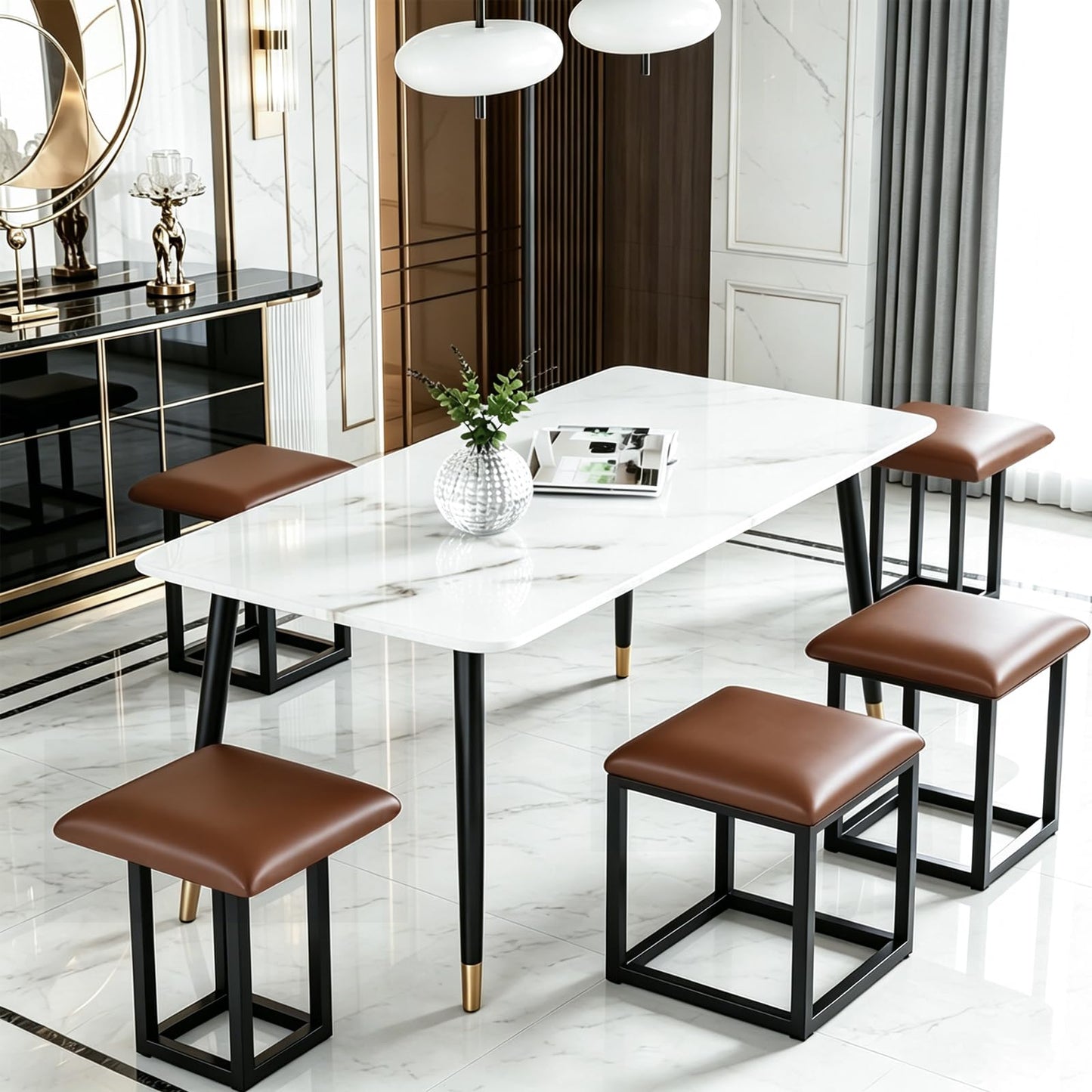 LUGSHIREE 5 in 1 Nesting Ottoman Cube Chair, Stackable Stools, Leather Square Ottoman Bench, Foot Stool with Wheels for Living Room,Dining Room 15.75x15.75x16.54 inches