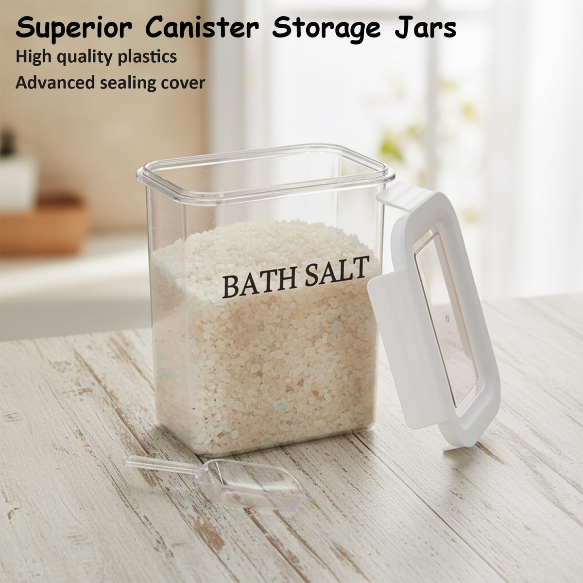 Qinpufu 61 oz Bath Salt Jar, Plastic Bath Salt Container with Scoop, Airtight Storage with Locking Lids, Stackable Clear Canister for Epsom Salt, Bathtub Accessories