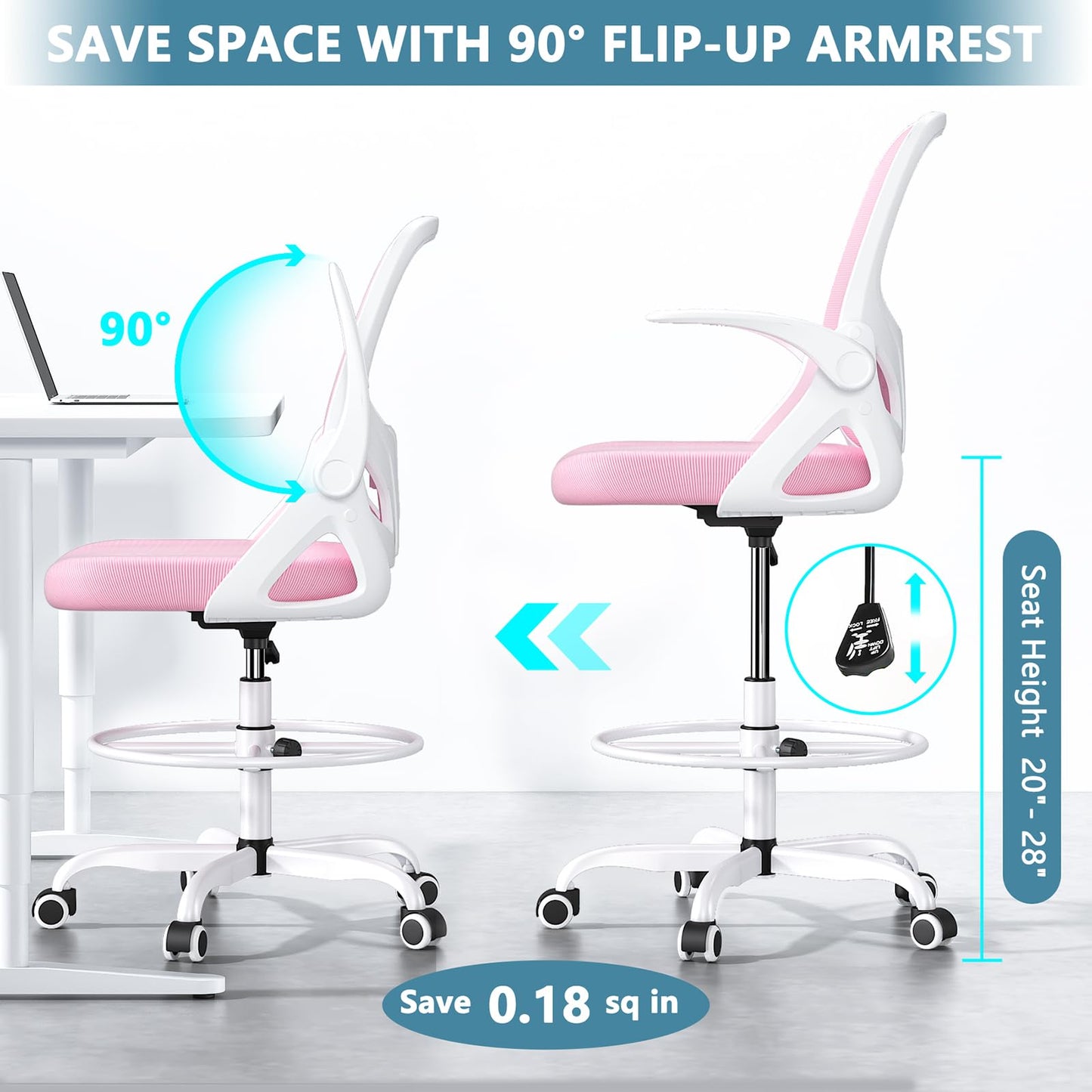 Kensaker Drafting Chair Tall Office Chair, Ergonomic Standing Desk Chair with Adjustable Foot Ring and Flip-up Armrests, Mesh Computer Chair for Art Studio, 300 LBS, Pink