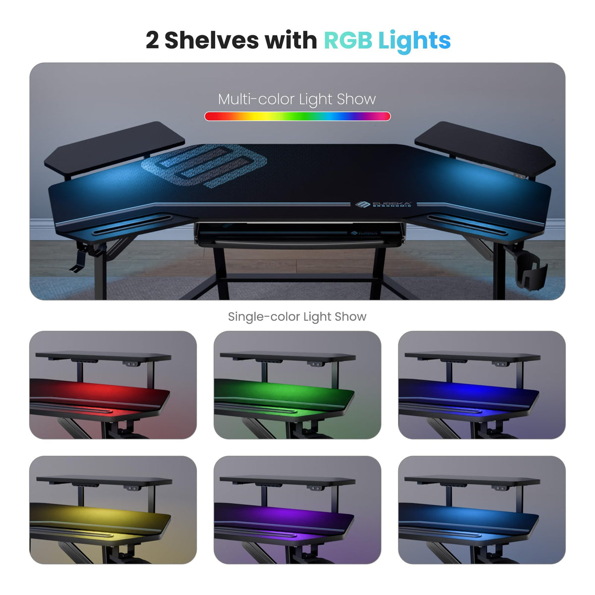 EUREKA ERGONOMIC Aero 72 Inch Gaming Desk with Keyboard Tray, Large Computer Desk Led Lights, Wing-Shaped Monitor Stand Dual Headphone Hanger Cup Holder for Studio,Streamer,Live,Black