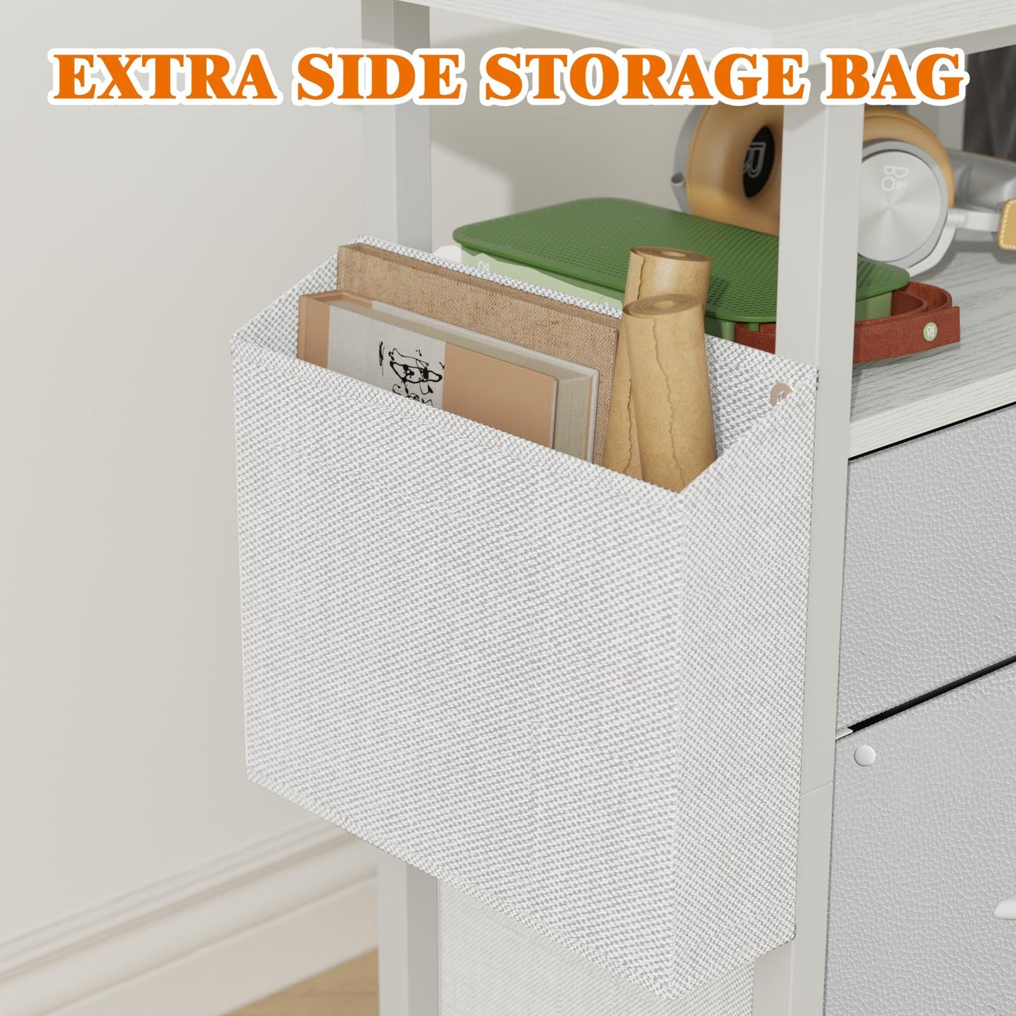 GYIIYUO 2 Drawer File Cabinet with 24'' Extended Desktop, Mobile Filing Cabinet, Rolling File Cabinet with Side Bag, Fabric Drawer, Fits A4/Letter Size, Printer Stand Home Office, White