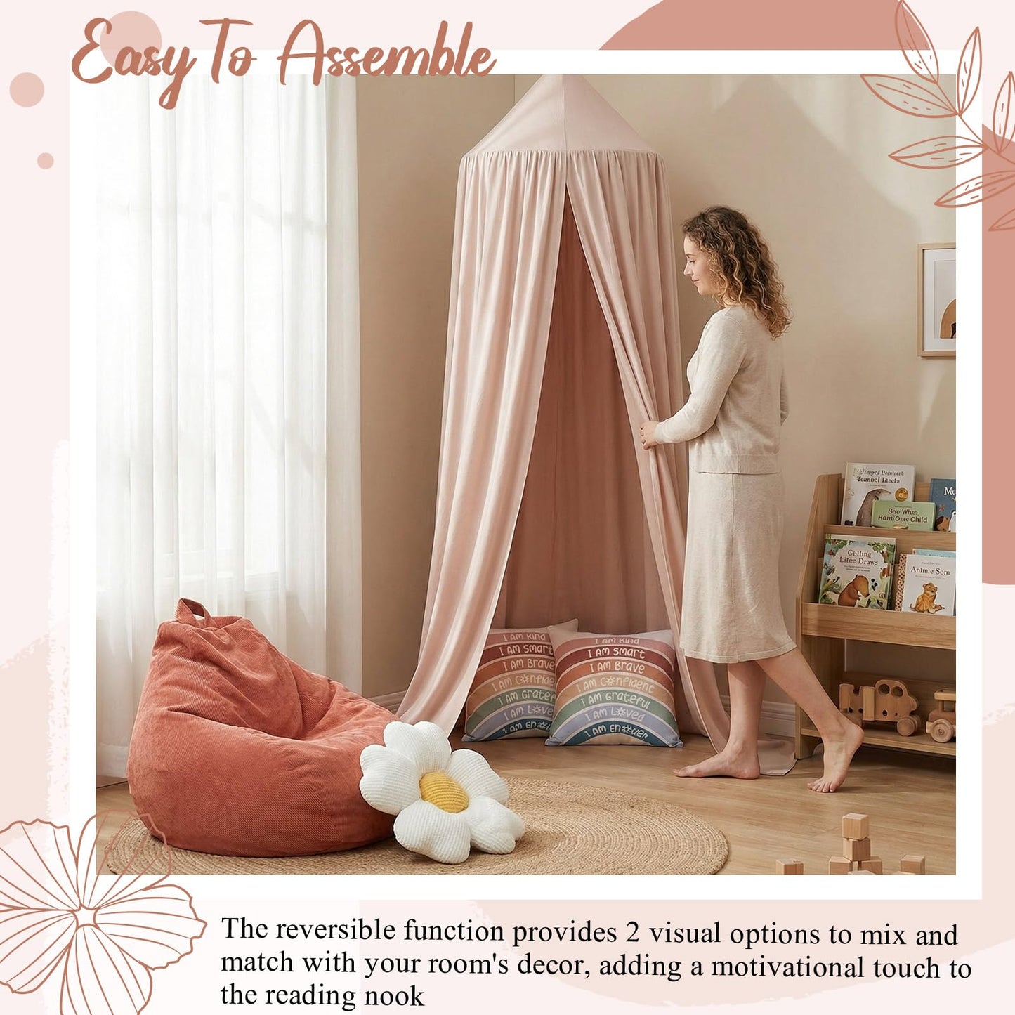 Hillsuren 5 Pcs Kids Reading Corner Set Reading Nook Bean Bag Chair Cover with Canopy Tent, Throw Pillow Cover (No Filler) and Flower Pillow for Bedroom Playroom Nursery Corner Decoration(Beige)