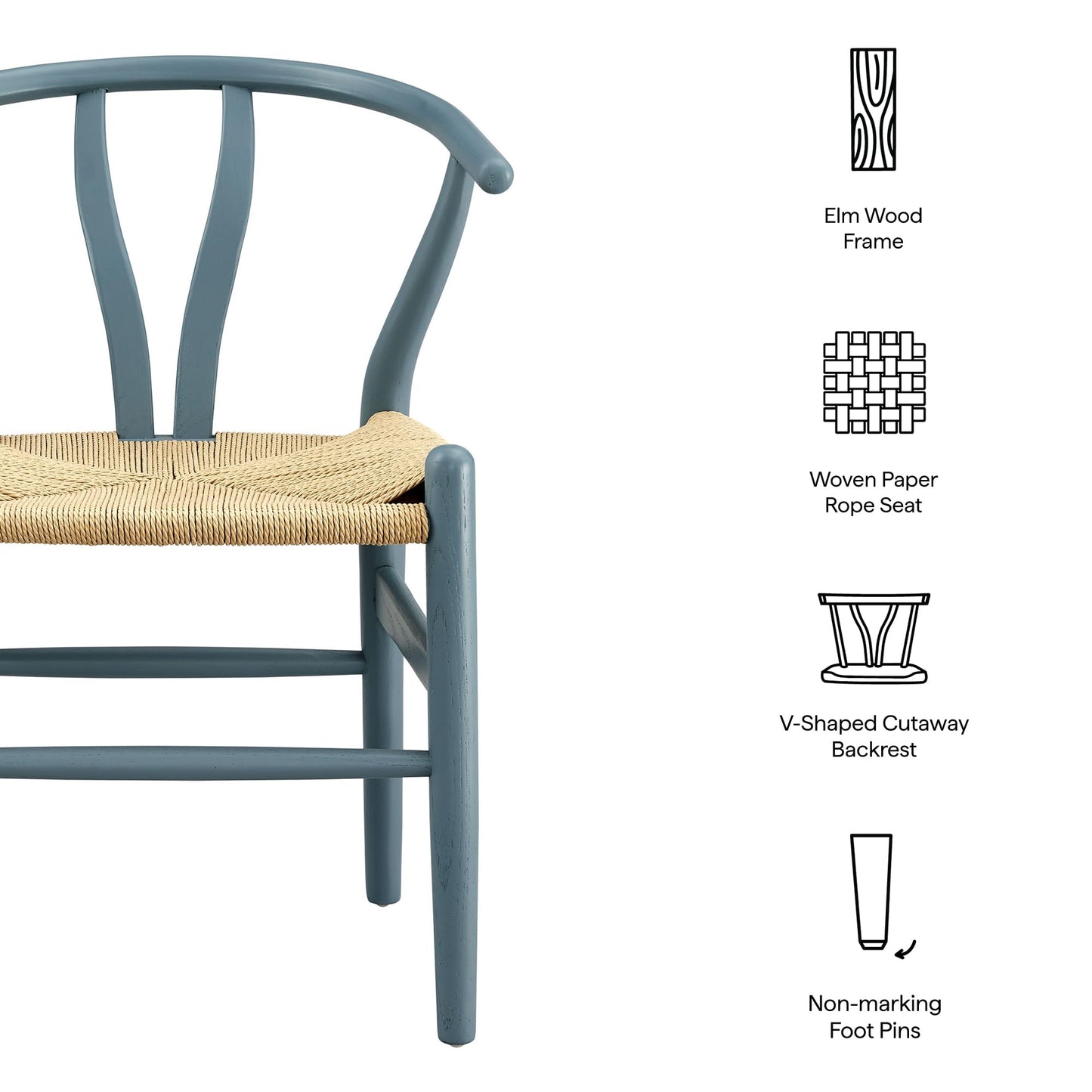 Modway Amish Wood Rope Dining Room Chair in Harbor Blue - 29 Inch Tall Solid Elm Wood Accent Armchair - Mid Century Modern Open Back Kitchen Chair with Woven Seat