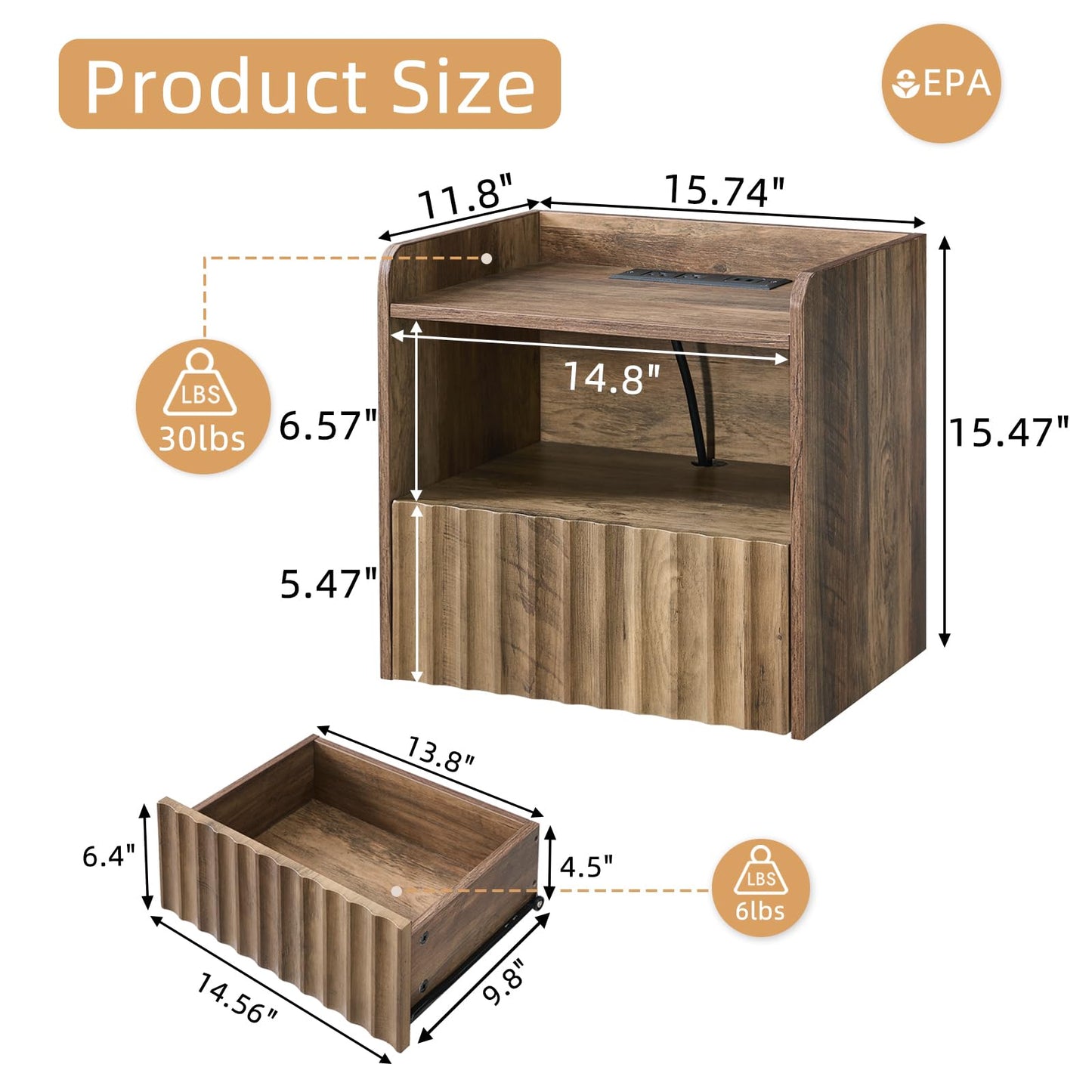 BuildHom Modern Fluted Floating Nightstand Wall Mounted - Bedside Table with Storage Drawer & Display Shelf, Minimalist Bedroom Furniture for Studio Apartments(Rustic Brown)