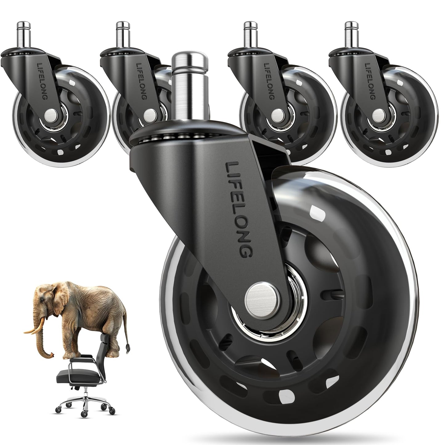 Lifelong Original Office Chair Wheels (As Seen On CNN) Replacement Rubber Chair Casters for Hardwood Floors and Carpet, Set of 5, Heavy Duty Casters for Chairs to Replace Office Chair Mats - Fits 98%